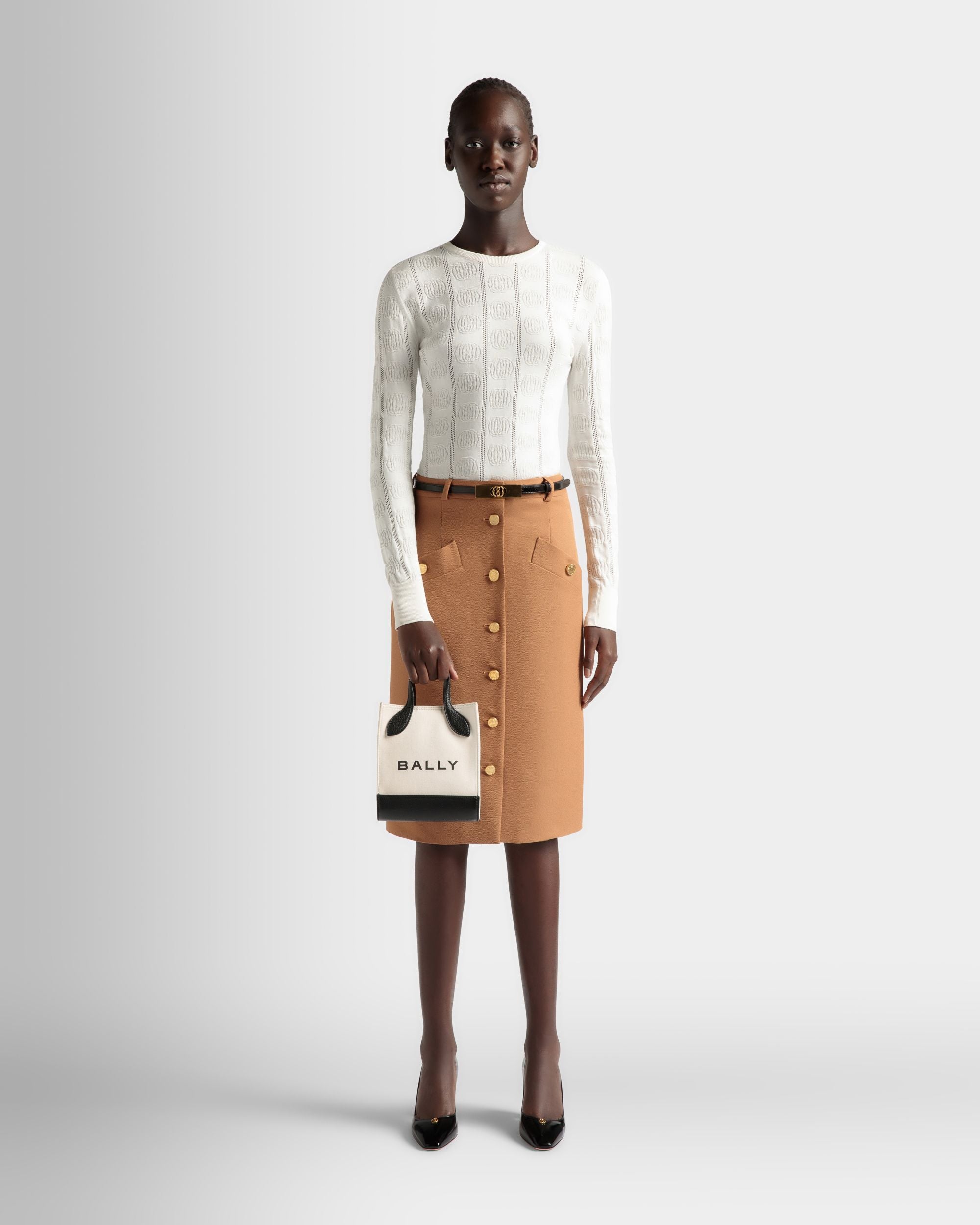 Minibolso Tote Bar De Piel Y Lona De Color Neutro Y Negro - Mujer - Bally - 02