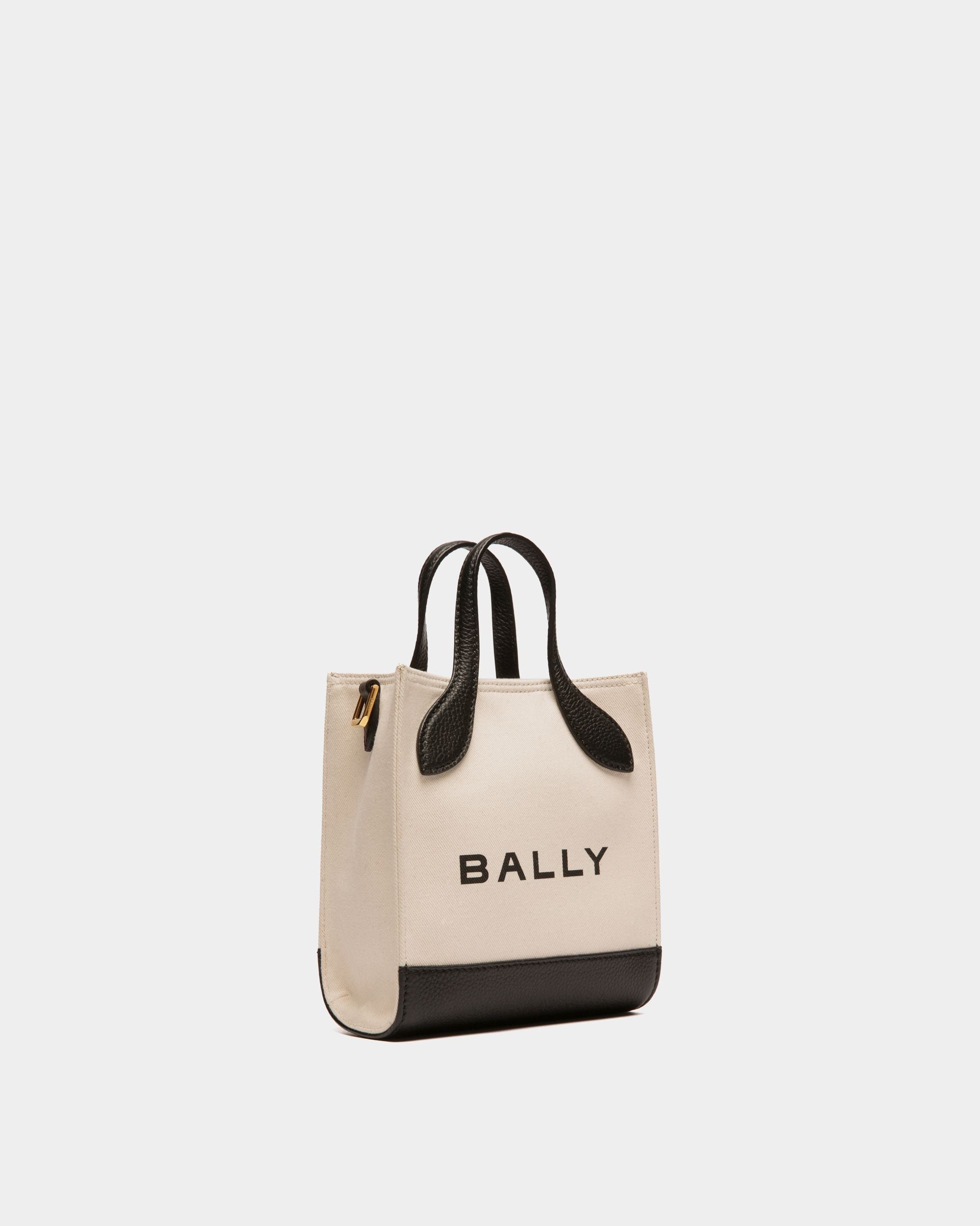 Minibolso Tote Bar De Piel Y Lona De Color Neutro Y Negro - Mujer - Bally - 04