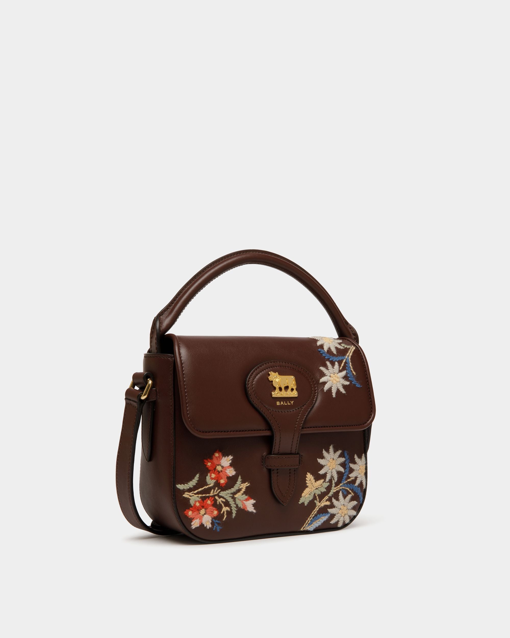 Minibolso De La Cápsula Winter Piel Chestnut Brown Con Alpine Flowers - Mujer - Bally - 04