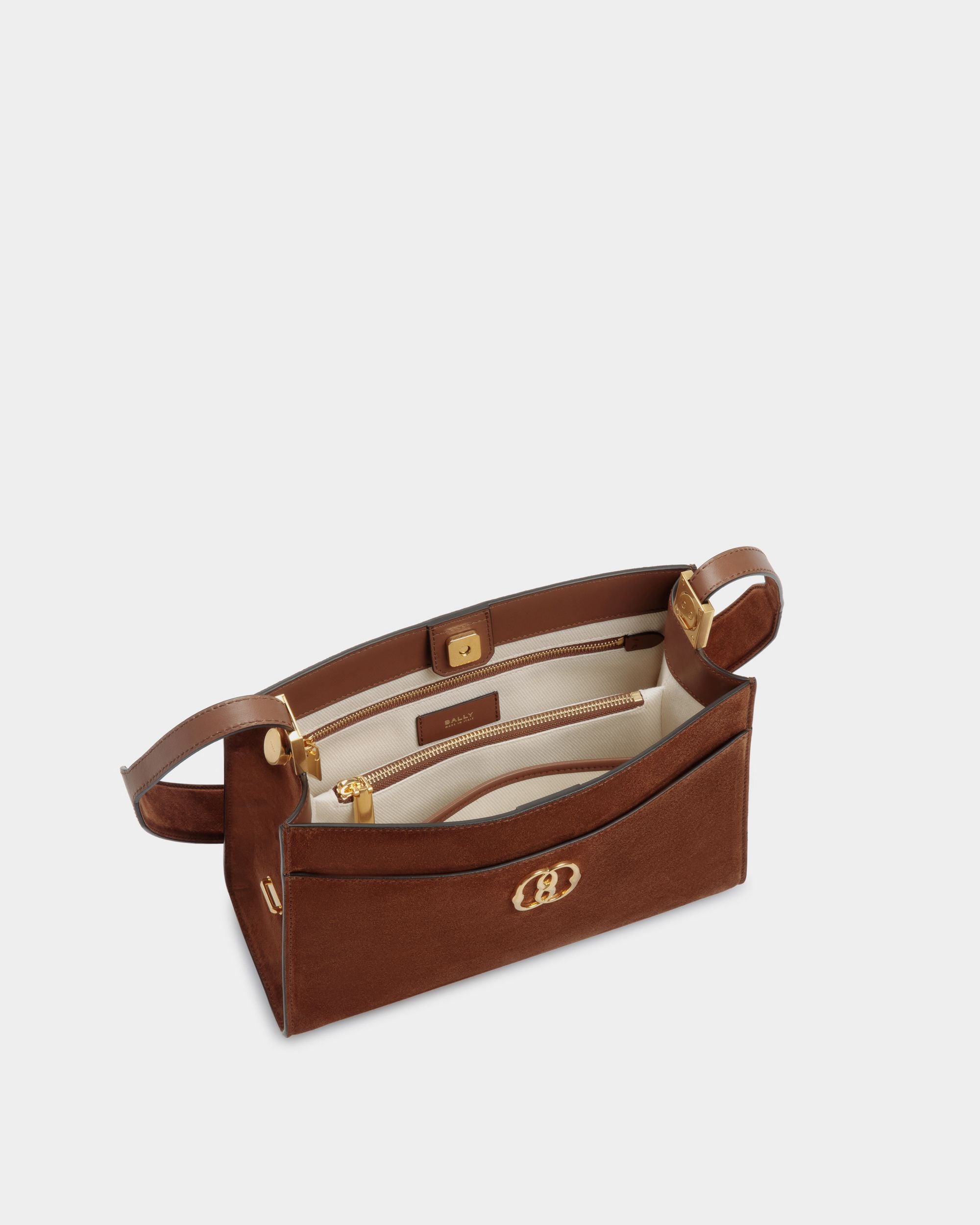 Emblem Shoulder Bag in Brown Suede - Women's - Bally - 04