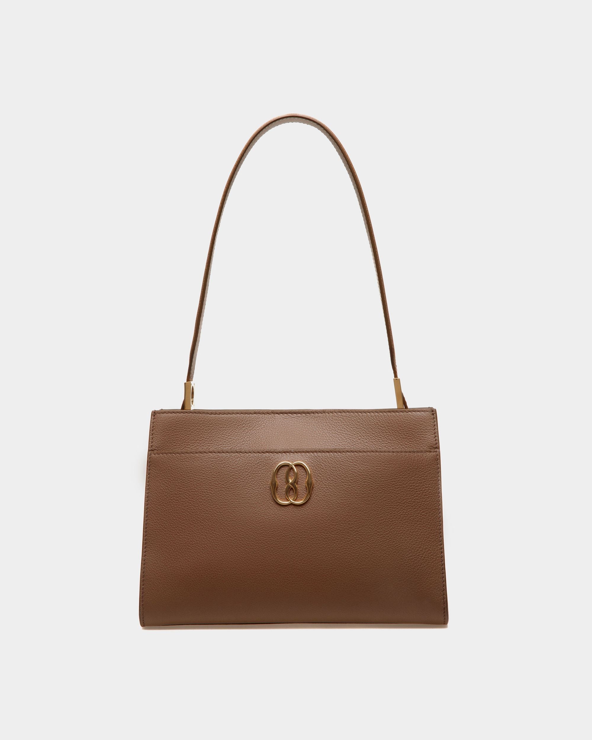Emblem Shoulder Bag in Brown Grained Leather - Women's - Bally - 01