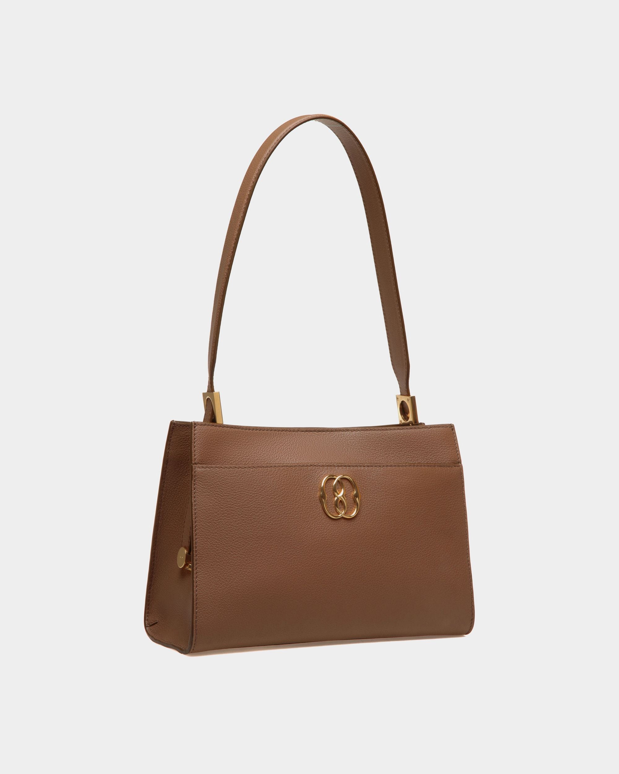 Emblem Shoulder Bag in Brown Grained Leather - Women's - Bally - 03