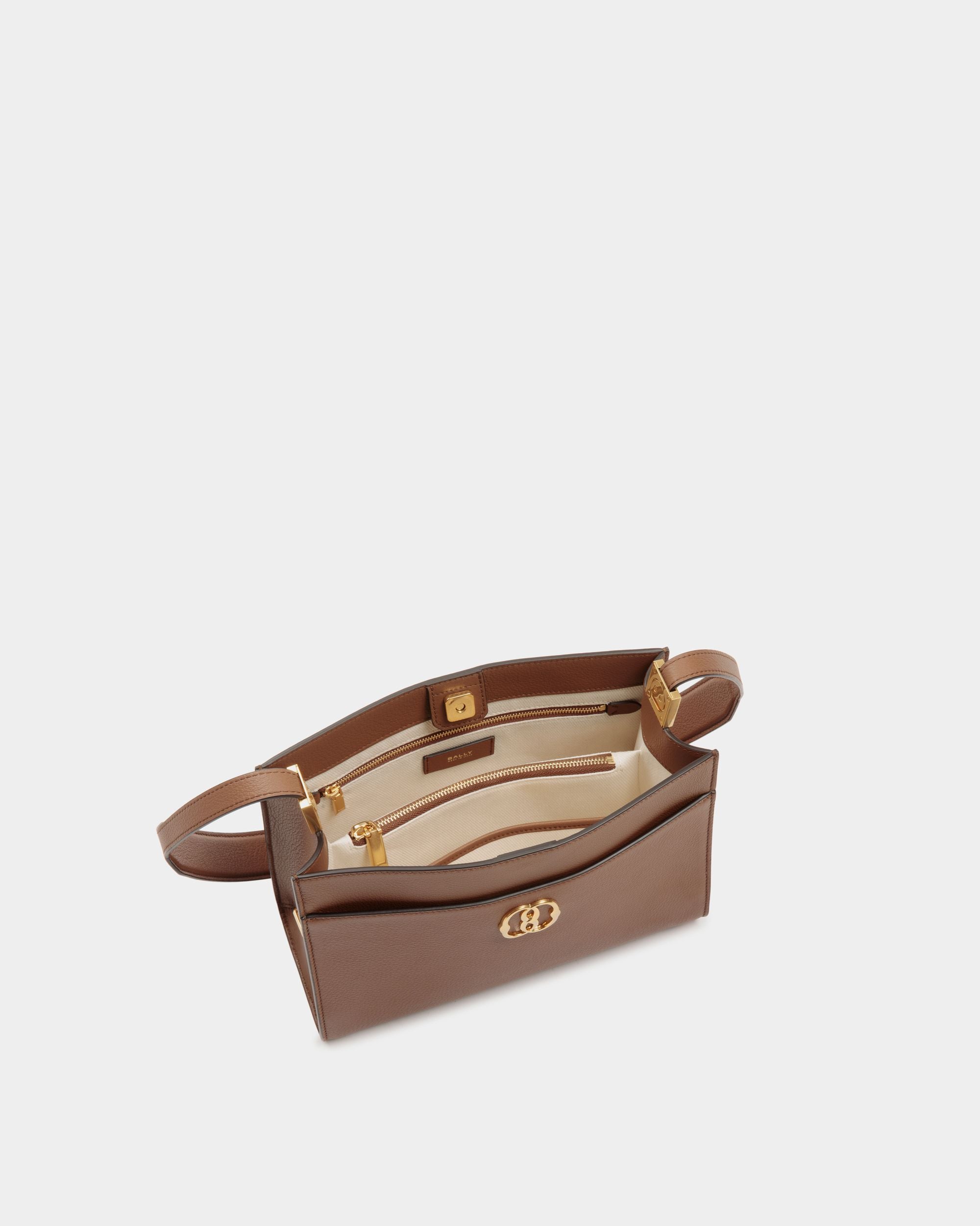 Emblem Shoulder Bag in Brown Grained Leather - Women's - Bally - 04
