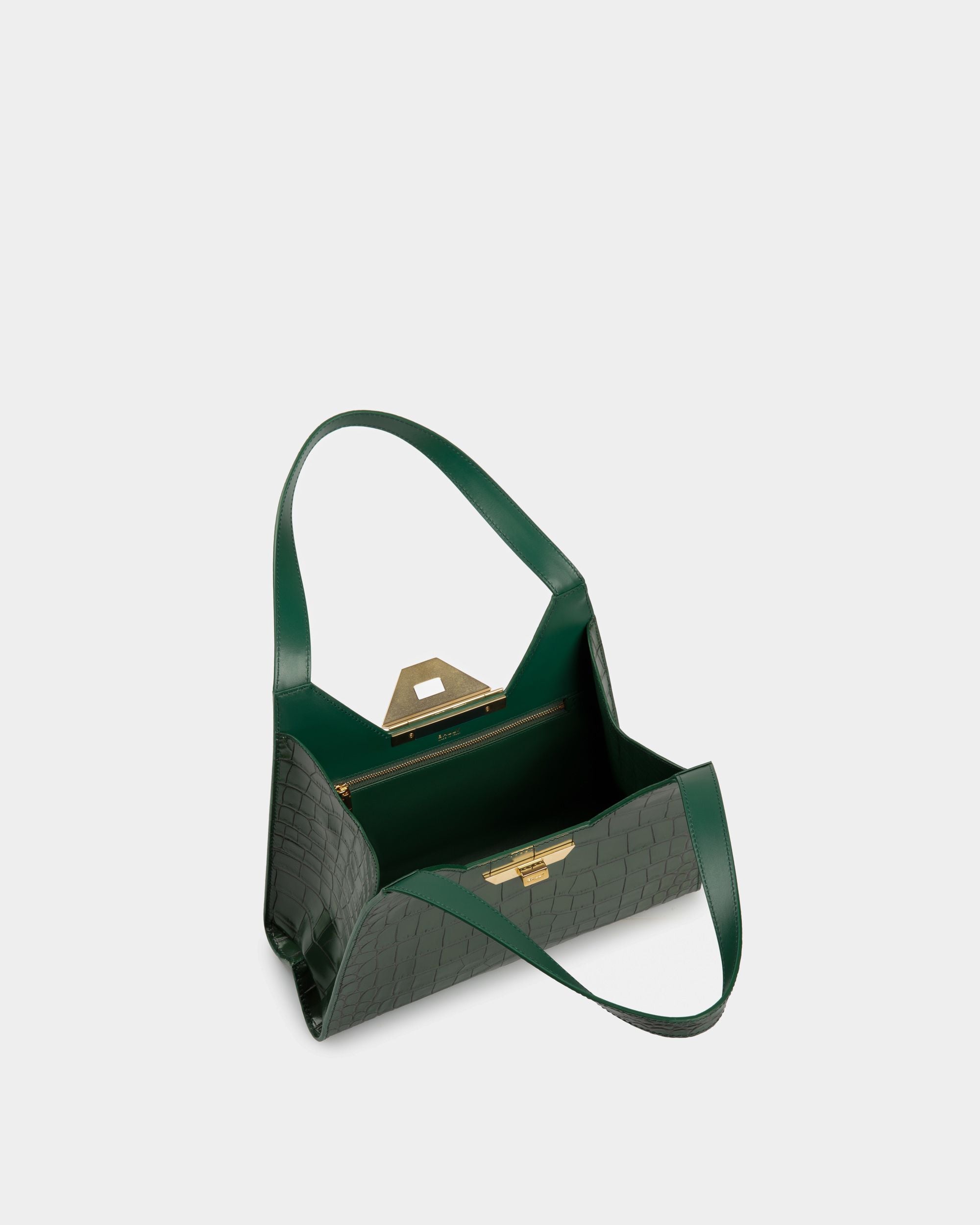 Tilt Shoulder Bag In Green Crocodile Print Leather - Women's - Bally - 04