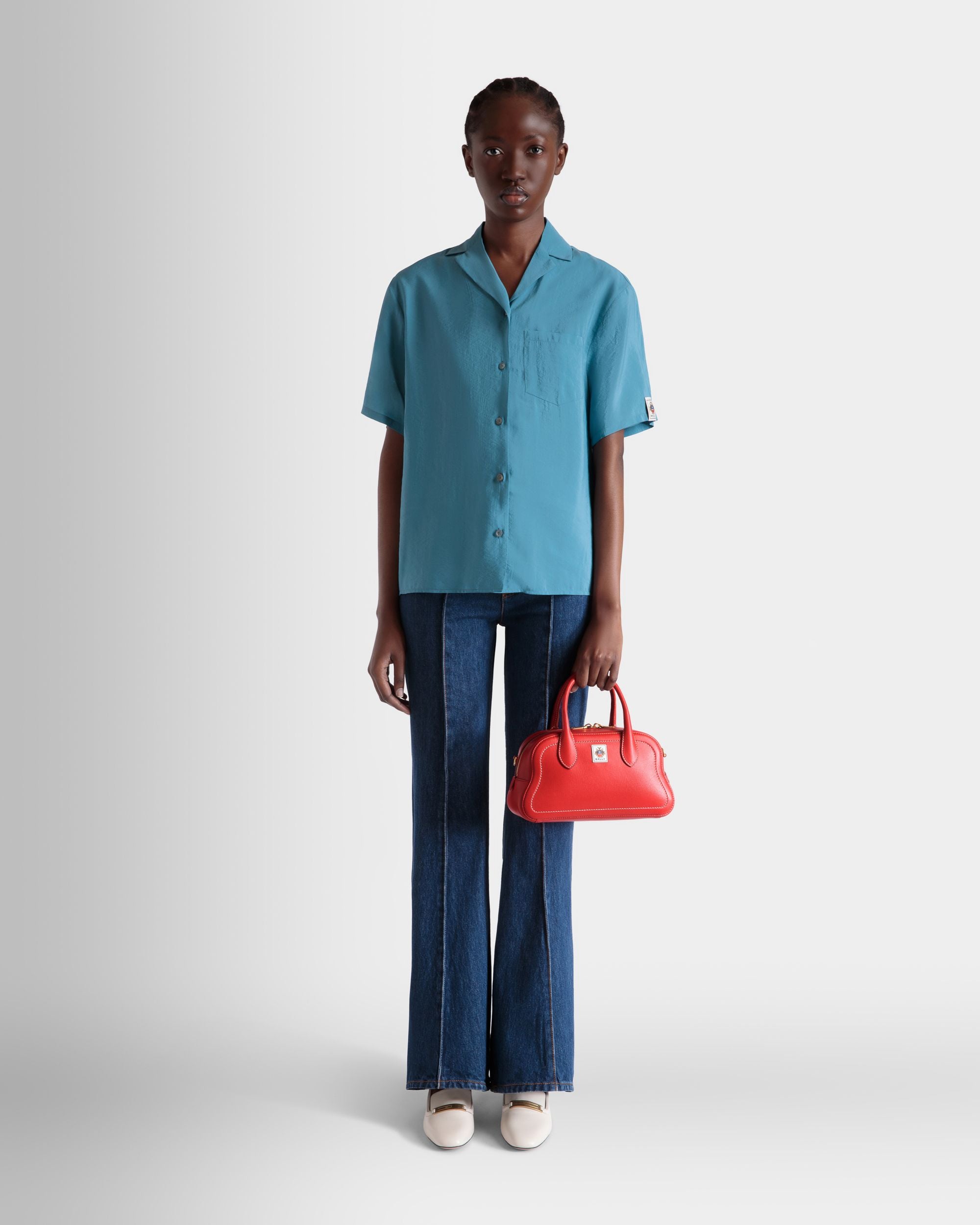 Unda Top Handle Bag in Red Grained Leather - Women's - Bally - 02