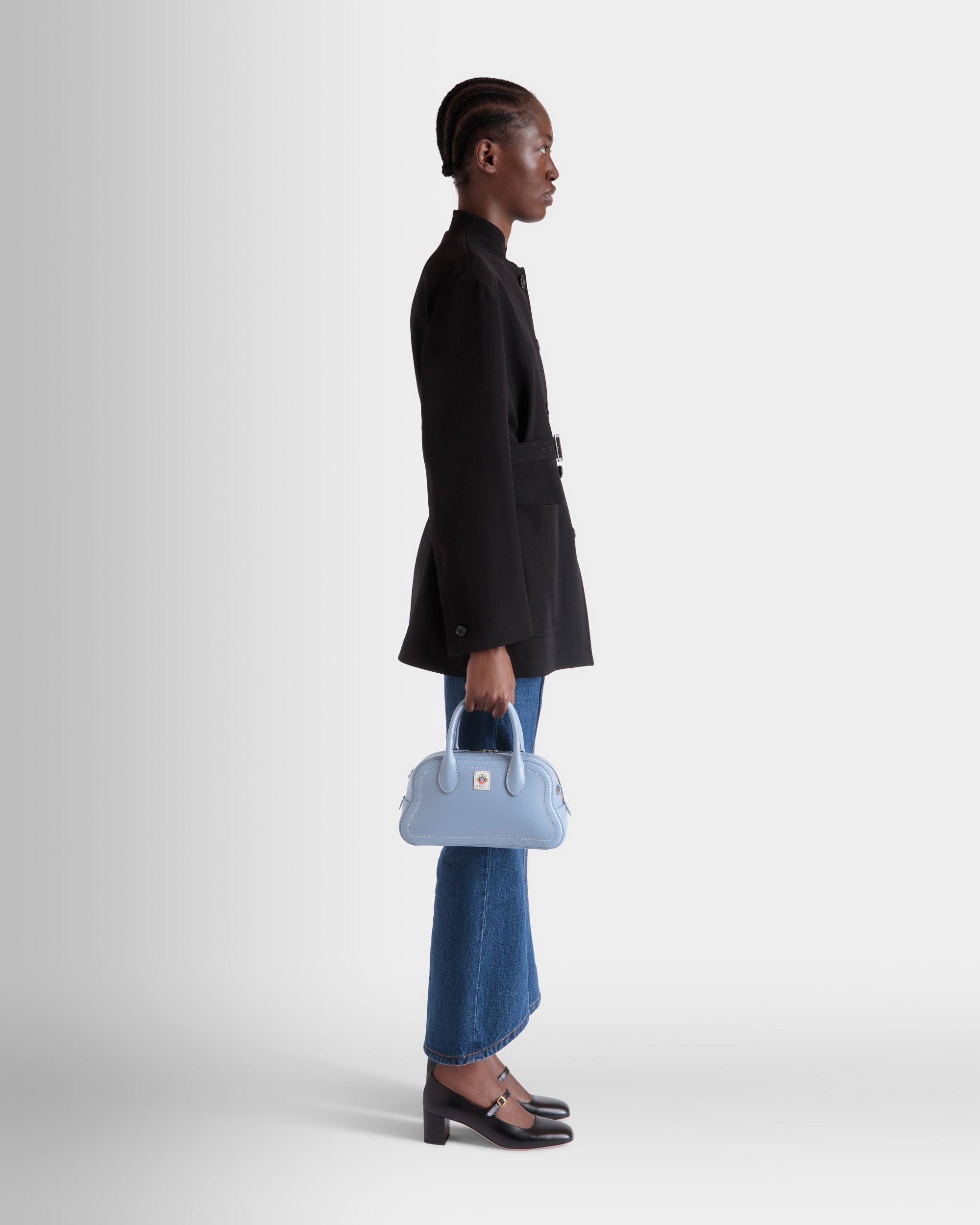 Unda Top Handle Bag in Light Blue Grained Leather - Women's - Bally - 02