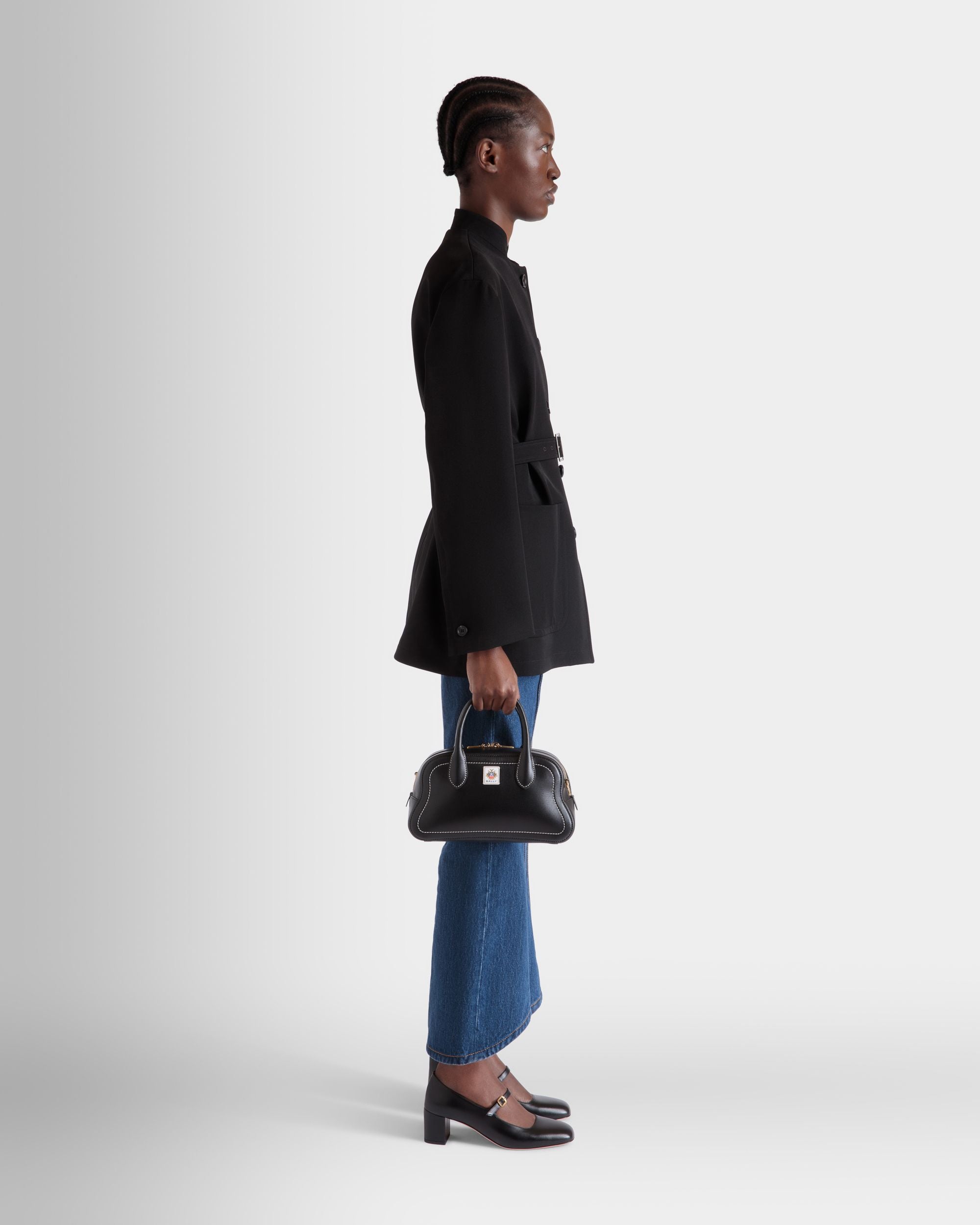 Bolso Con Asa Superior Unda De Piel Granulada Negra - Mujer - Bally - 02
