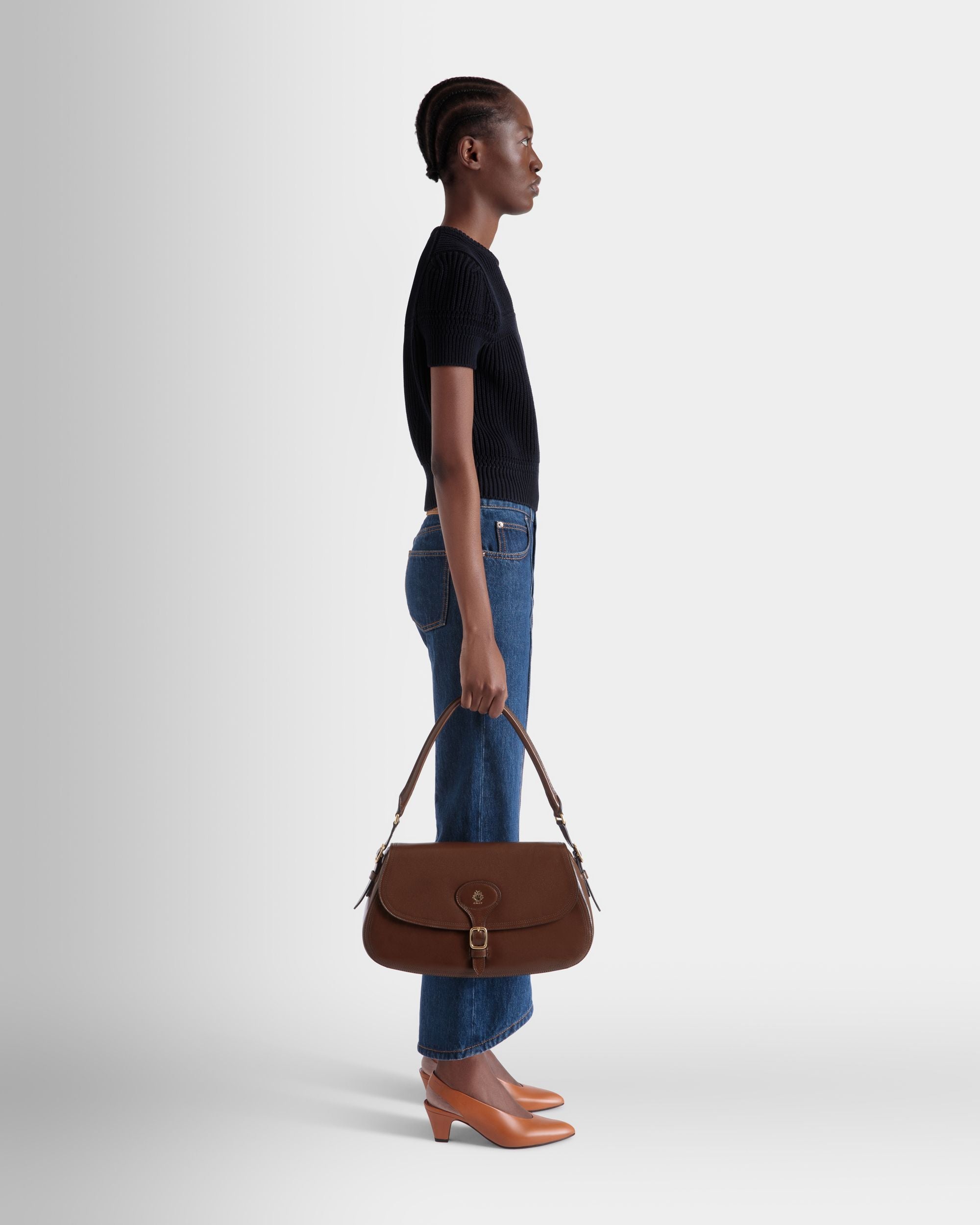 Bolso De Hombro Beckett De Piel Marron Glacé - Mujer - Bally - 02