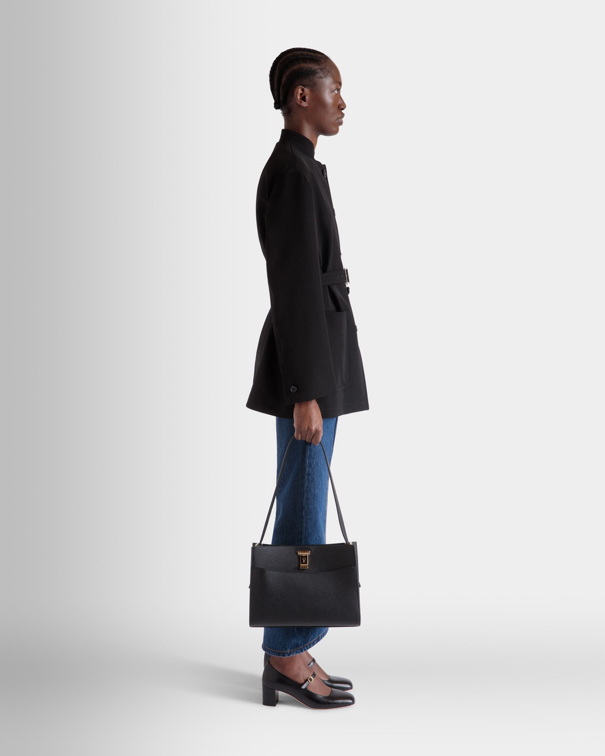 Lock Me Shoulder Bag in Black Grained Leather - Women's - Bally - 02