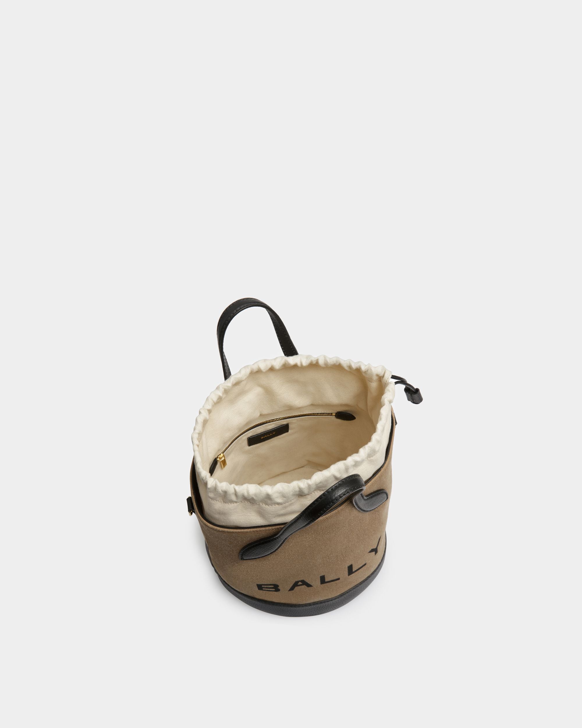 Bolso Cubo Bar De Tela Color Arena Y Negro - Mujer - Bally - 04