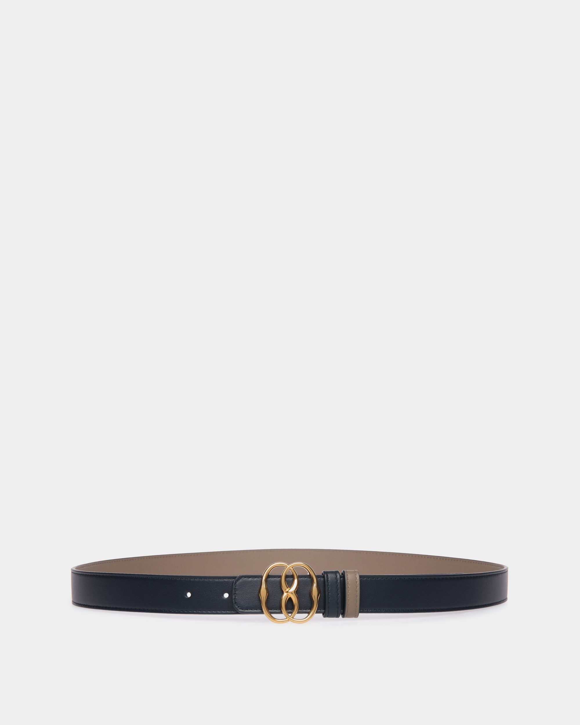 Emblem 25mm Reversible Belt in Navy Blue And Taupe Leather - Mujer - Bally - 01