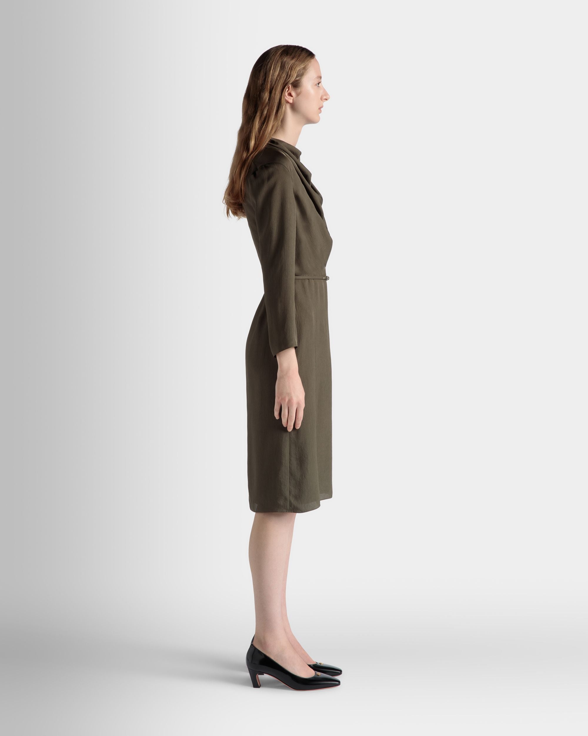 Belted Midi Dress In Military Green Fluid Twill - Women's - Bally - 06