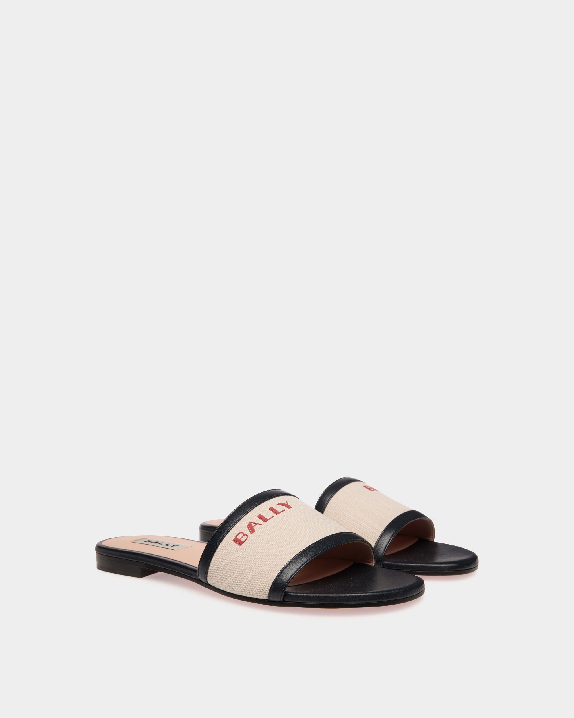 Summer Capsule Slide In Natural And Navy Blue Canvas And Leather - Women's - Bally - 02