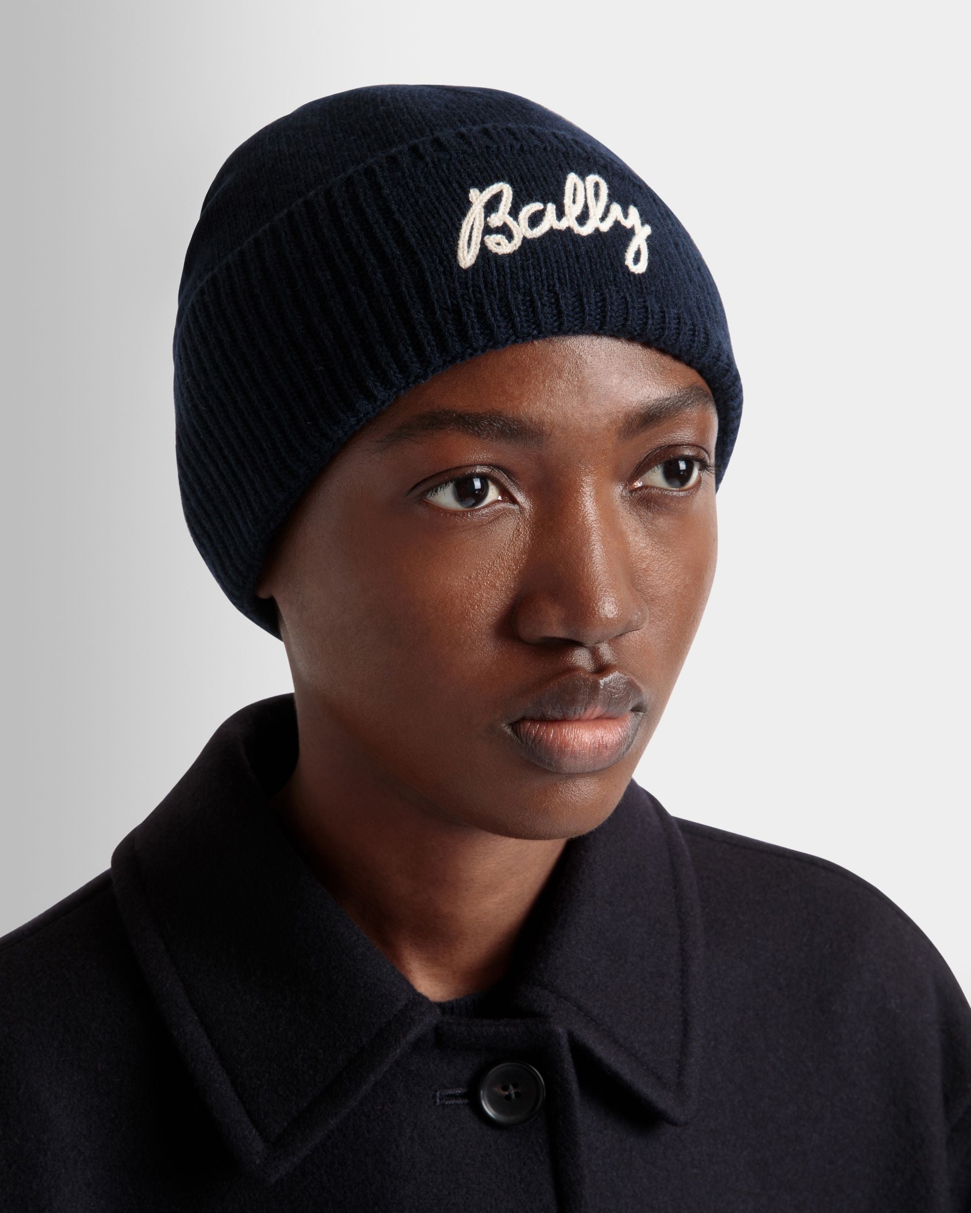 Gorro Con Logotipo De Lana Navy Blue - Mujer - Bally - 02