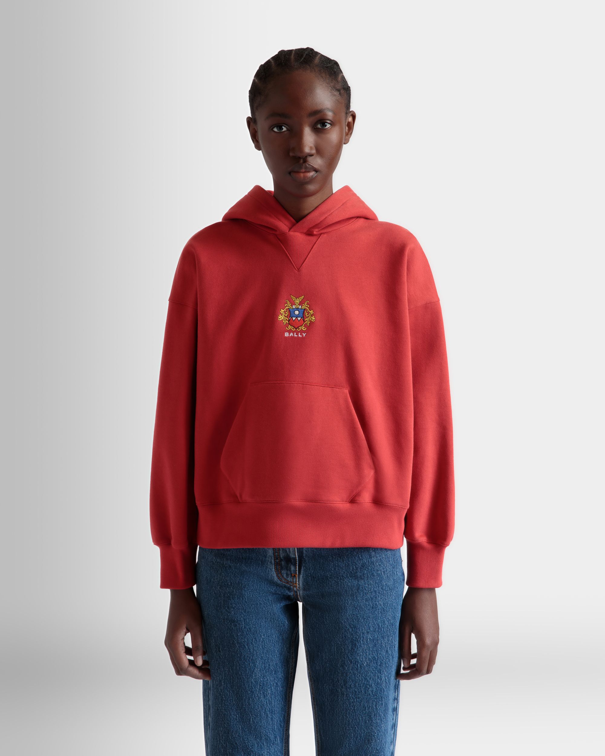 Hoodie With Bally Crest Logo In Candy Red Cotton - Women's - Bally - 03