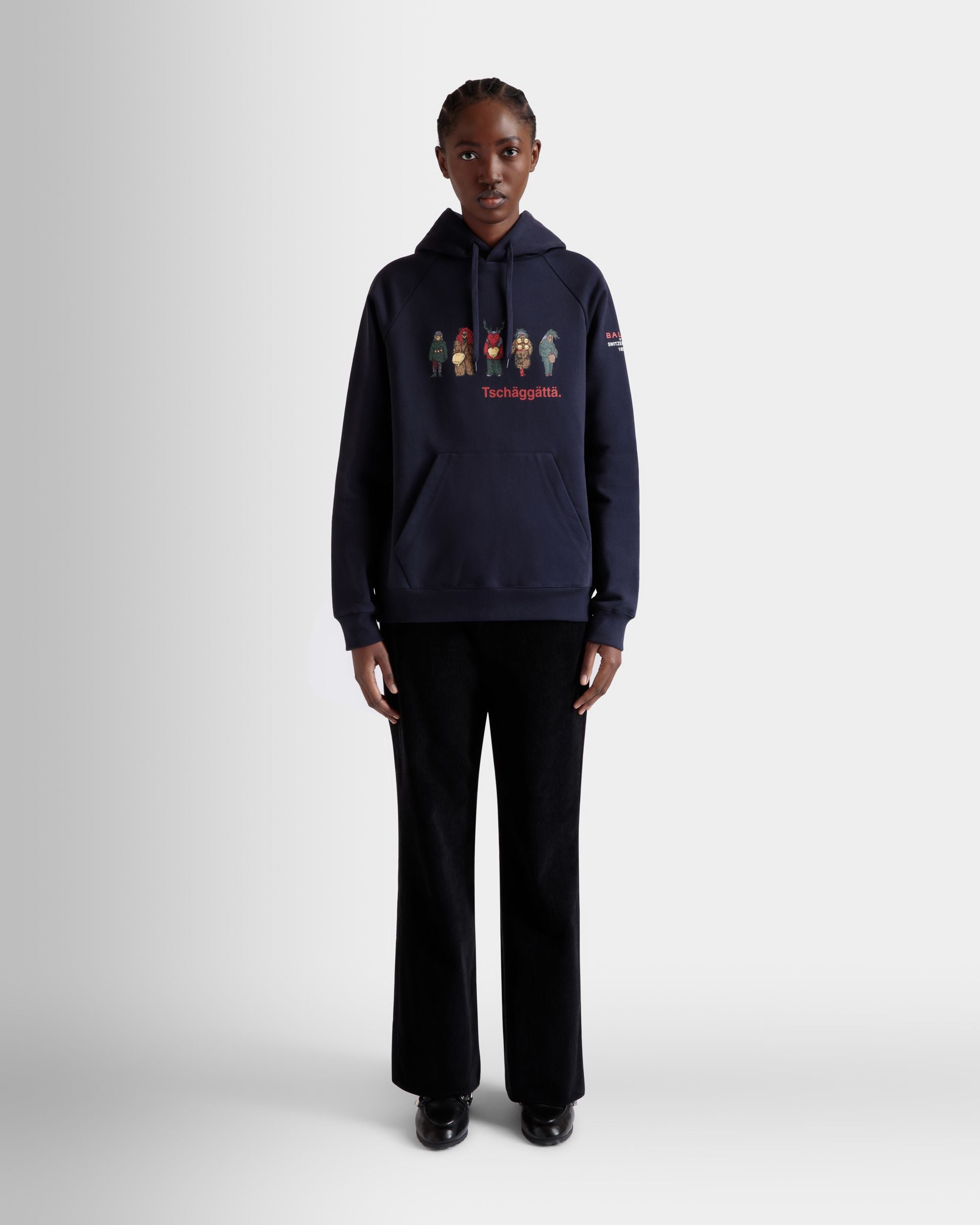 Hoodie with Forest Mask Print In Navy Blue Cotton - Mujer - Bally - 02