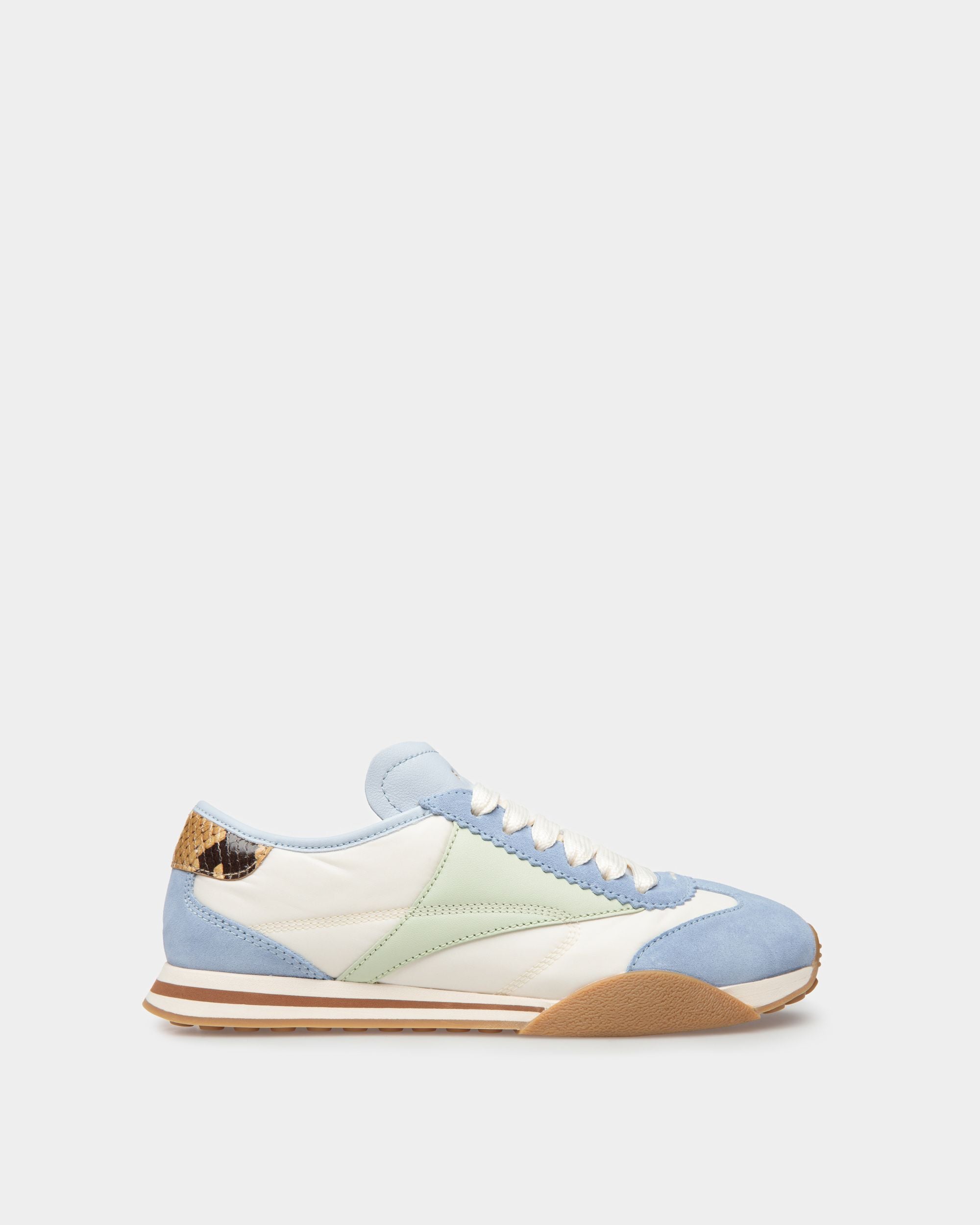 Sussex Sneaker In Bone Fabric and Light Blue Leather with Sage Suede - Women's - Bally - 01