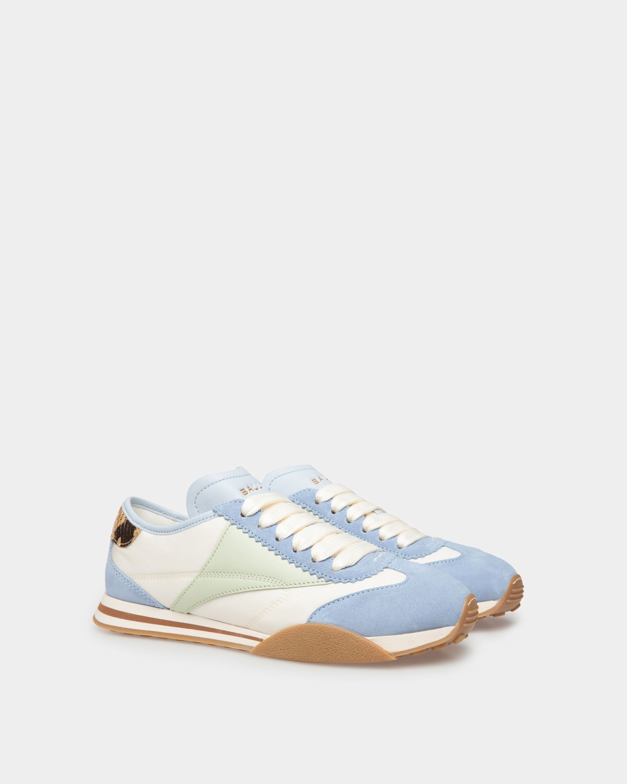 Sussex Sneaker In Bone Fabric and Light Blue Leather with Sage Suede - Women's - Bally - 02