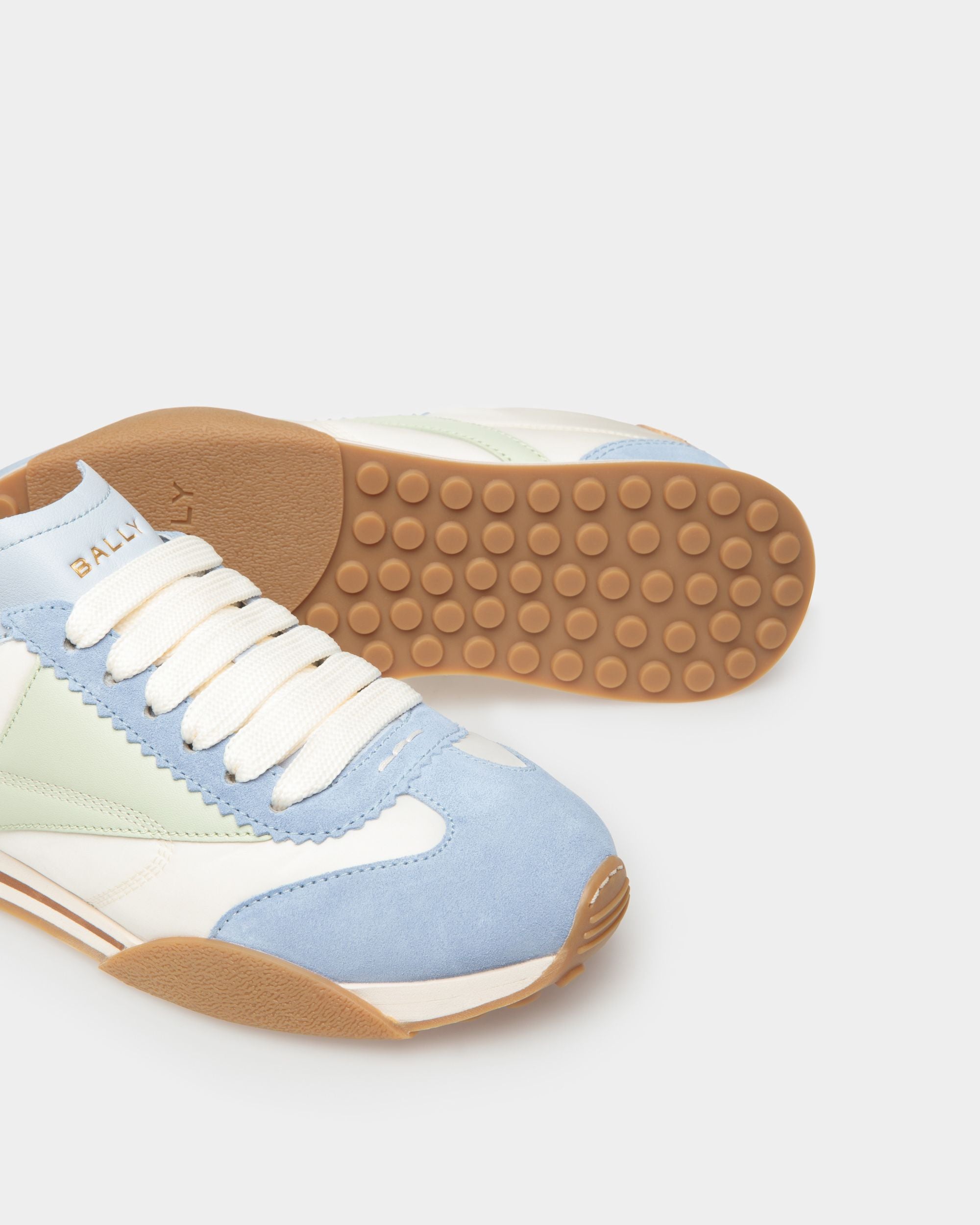 Sussex Sneaker In Bone Fabric and Light Blue Leather with Sage Suede - Women's - Bally - 04