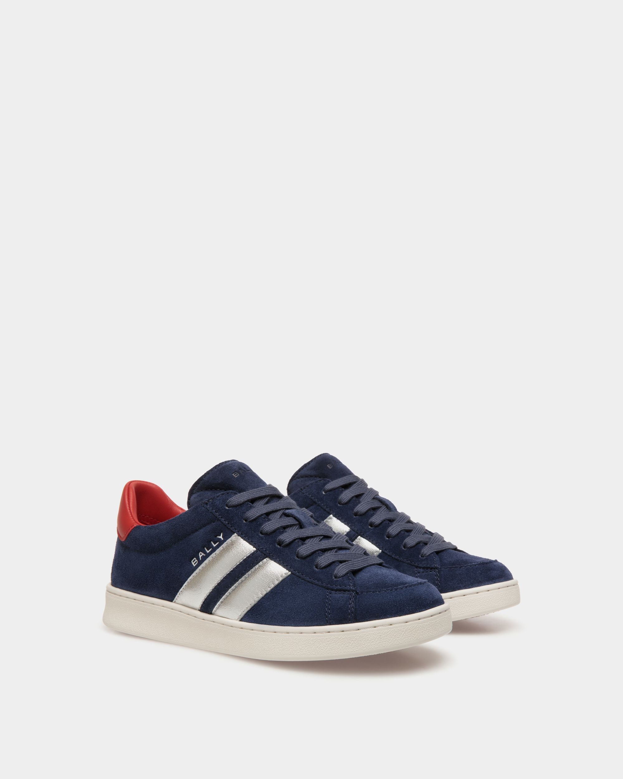 Tennis Sneaker In Navy Blue And Candy Red Suede Leather - Women's - Bally - 03