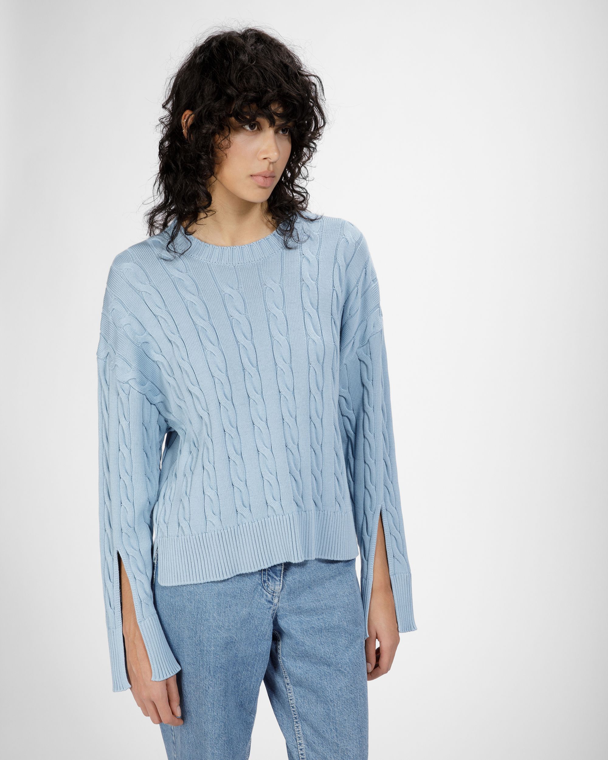Cotton Cable Knit Crew Neck In Light Blue - Women's - Bally - 01