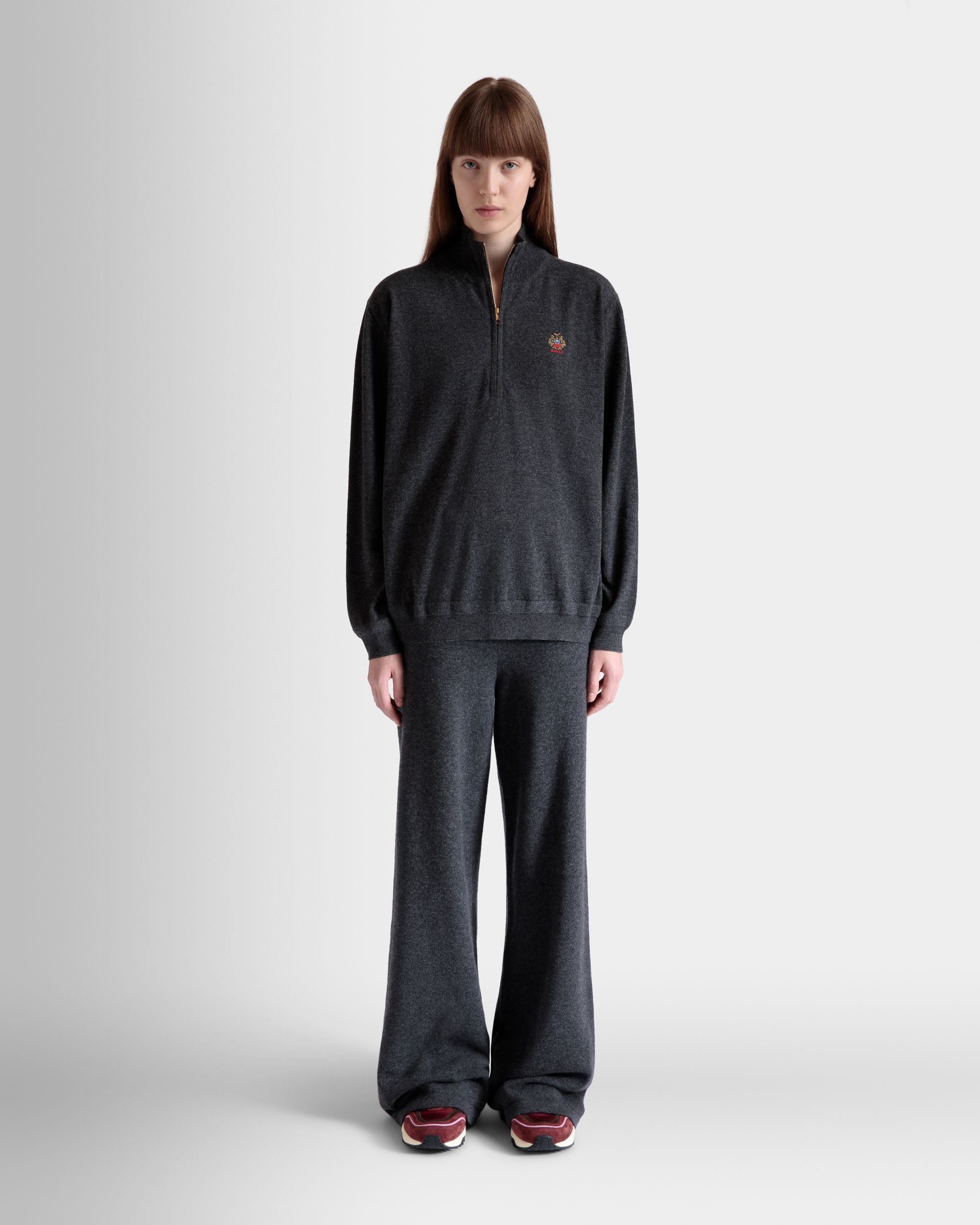 Half Zip Sweater In Dark Grey Wool And Cashmere - Women's - Bally - 02