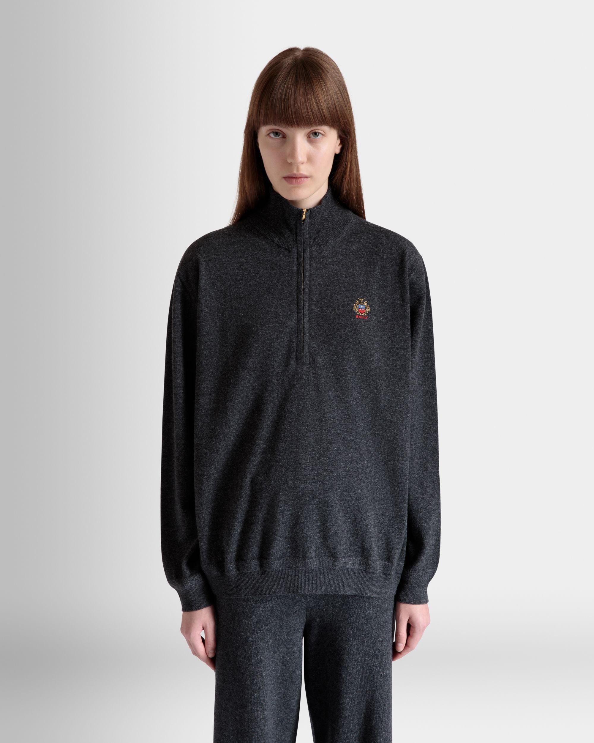 Half Zip Sweater In Dark Grey Wool And Cashmere - Women's - Bally - 03