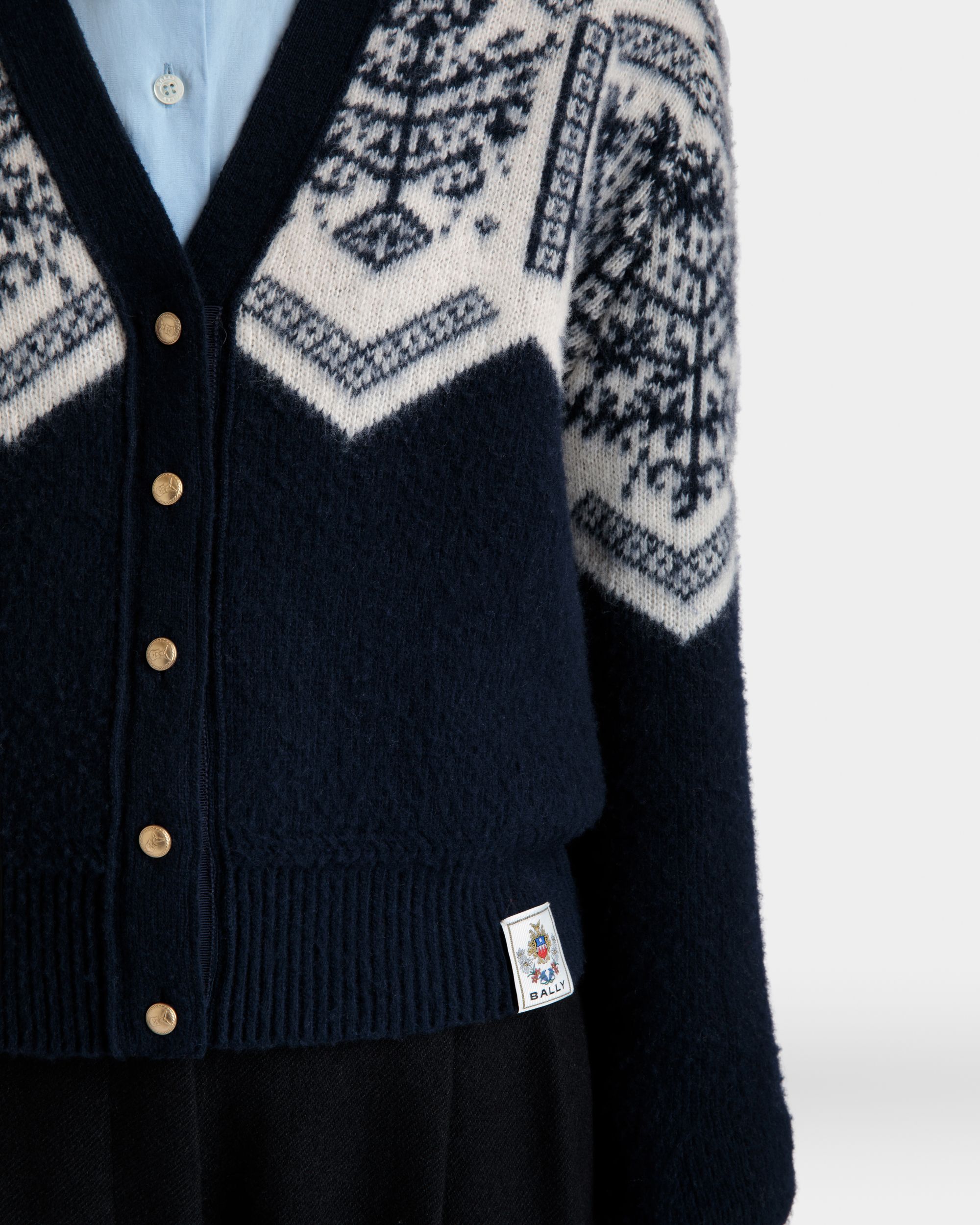 Cárdigan De La Cápsula Winter De Lana Navy Blue Con Heritage Flower - Mujer - Bally - 03