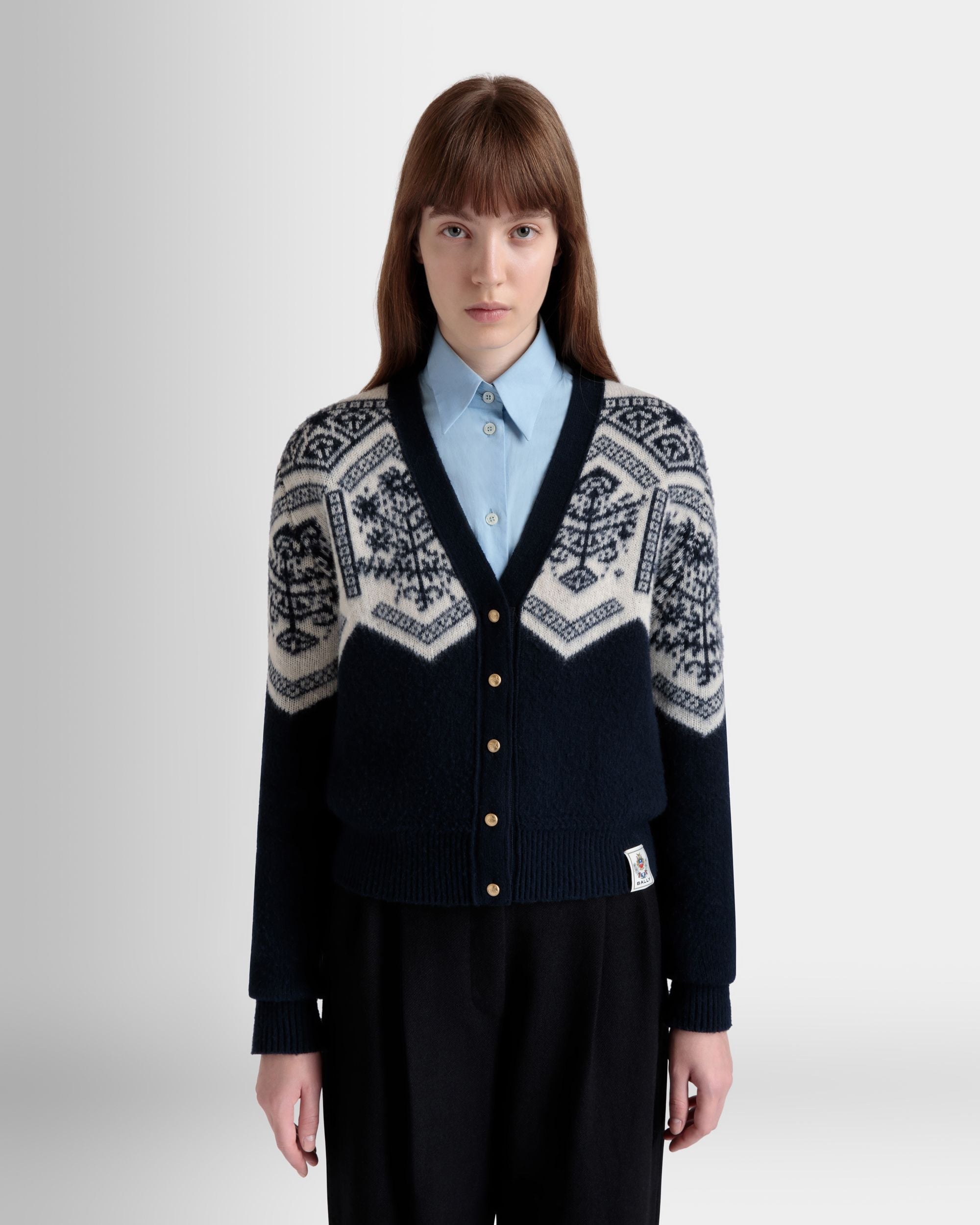 Cárdigan De La Cápsula Winter De Lana Navy Blue Con Heritage Flower - Mujer - Bally - 08