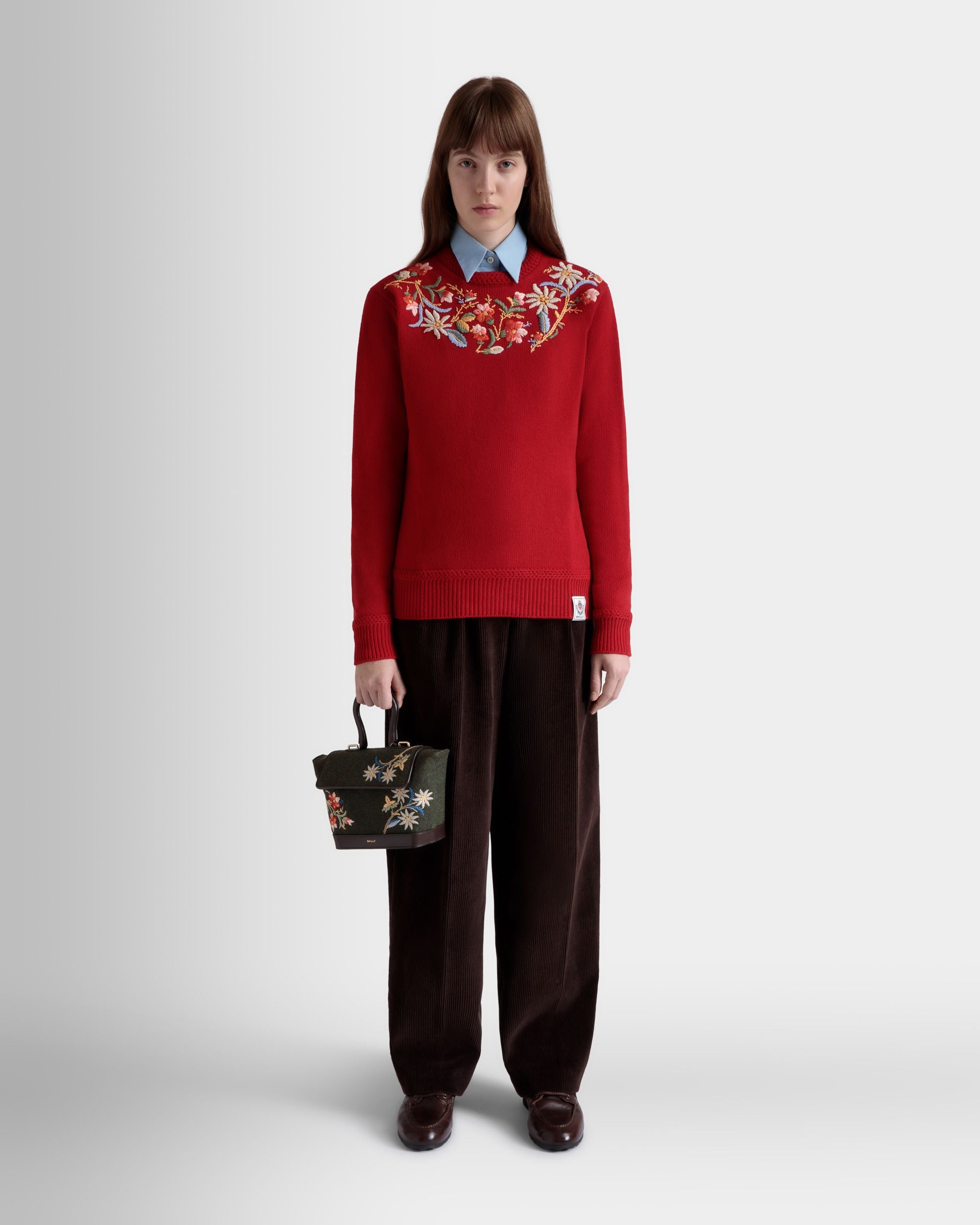 Jersey De Cuello Redondo De La Cápsula Winter De Lana Roja Con Alpine Flowers - Mujer - Bally - 02