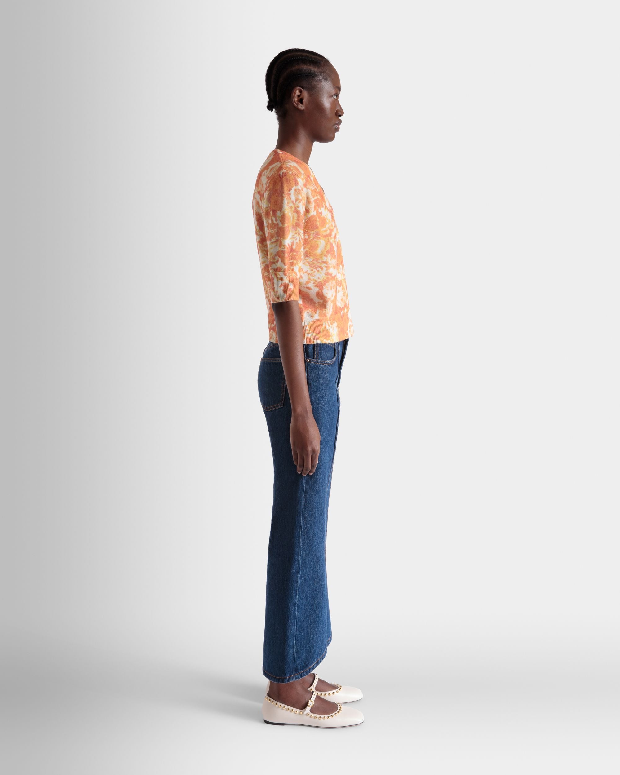 Cardigan with a Rosengarten Print in Koi Orange Cashmere - Women's - Bally - 05