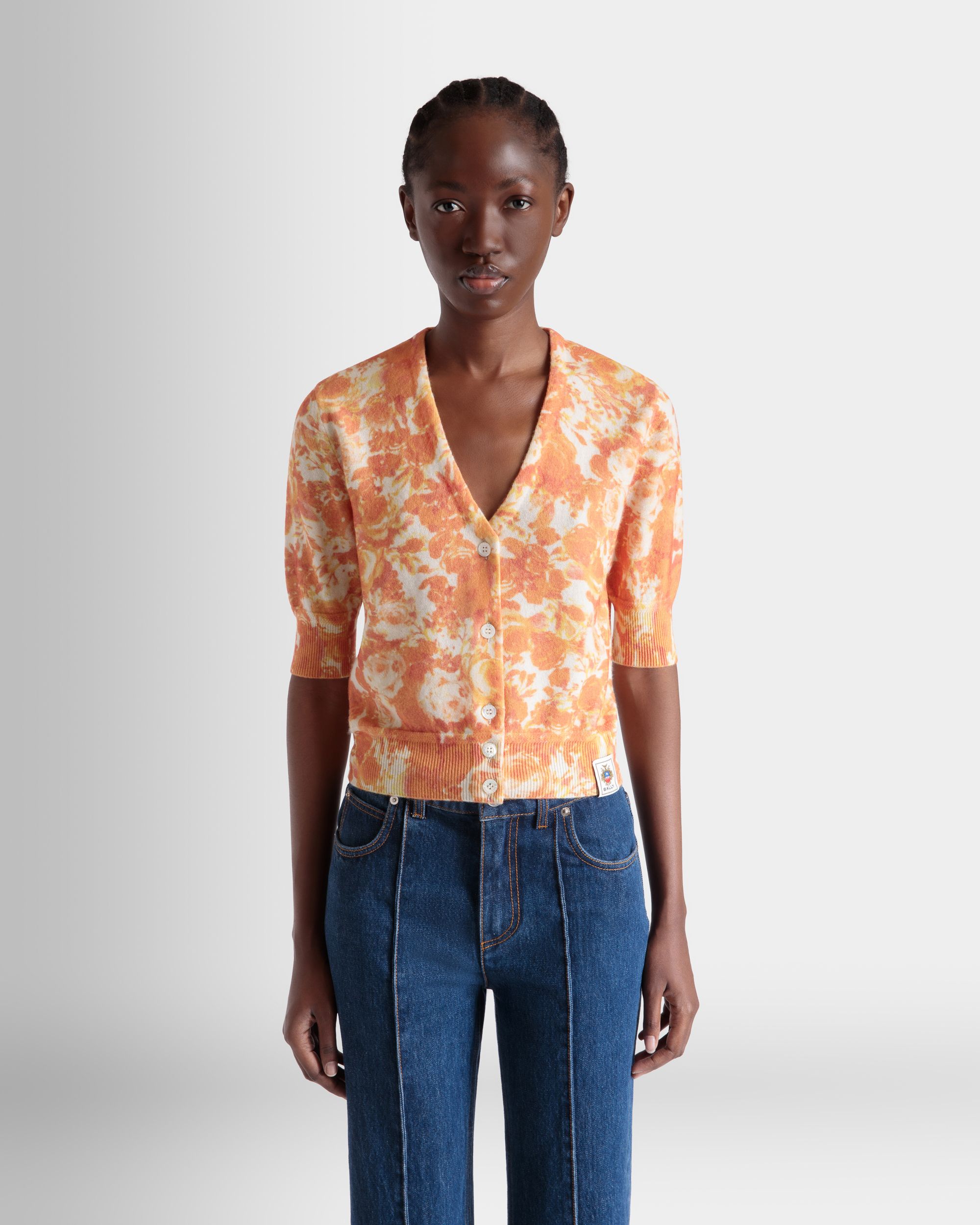 Cardigan with a Rosengarten Print in Koi Orange Cashmere - Women's - Bally - 08
