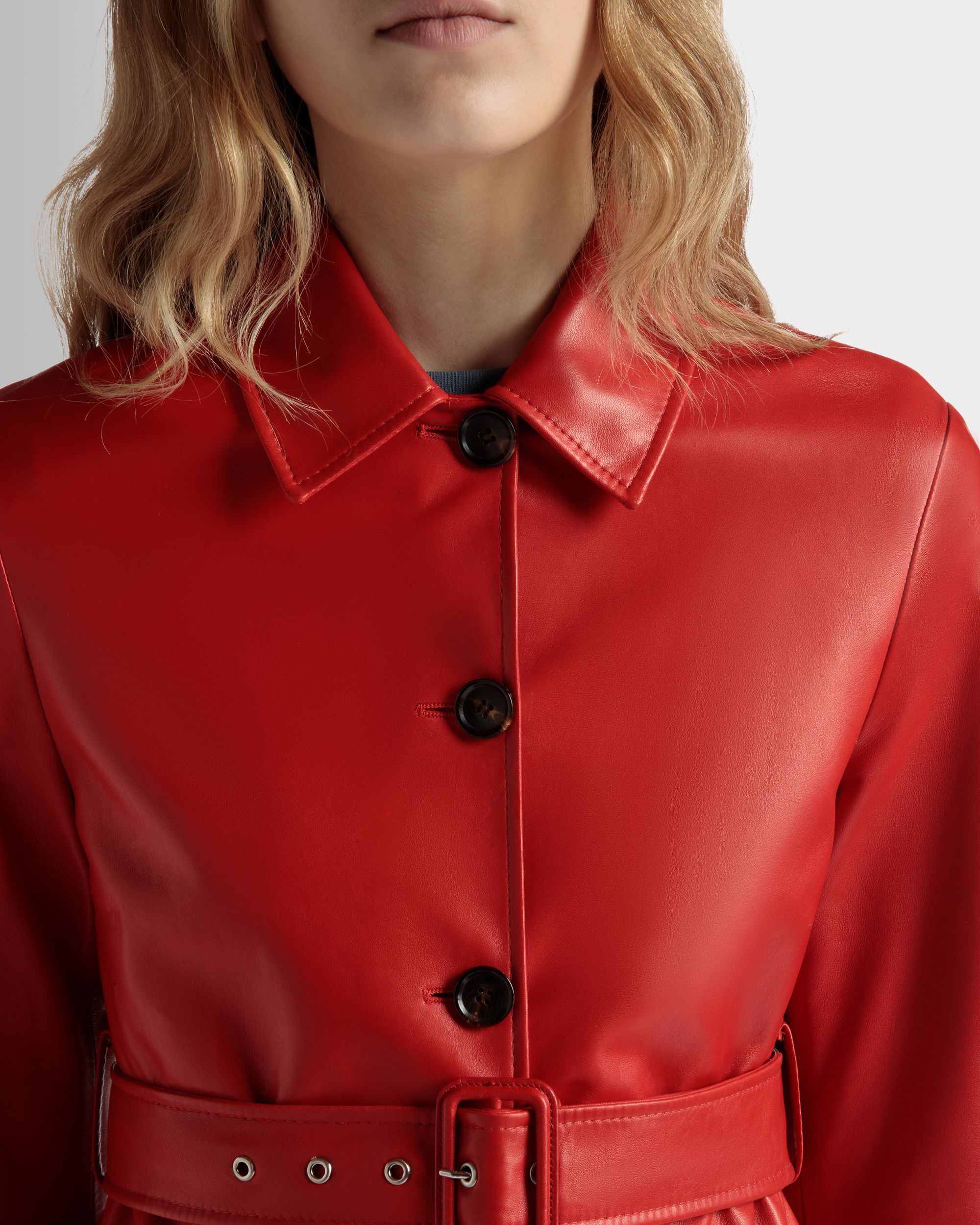 Abrigo Midi Con Cinturón De Piel Candy Red - Mujer - Bally - 04