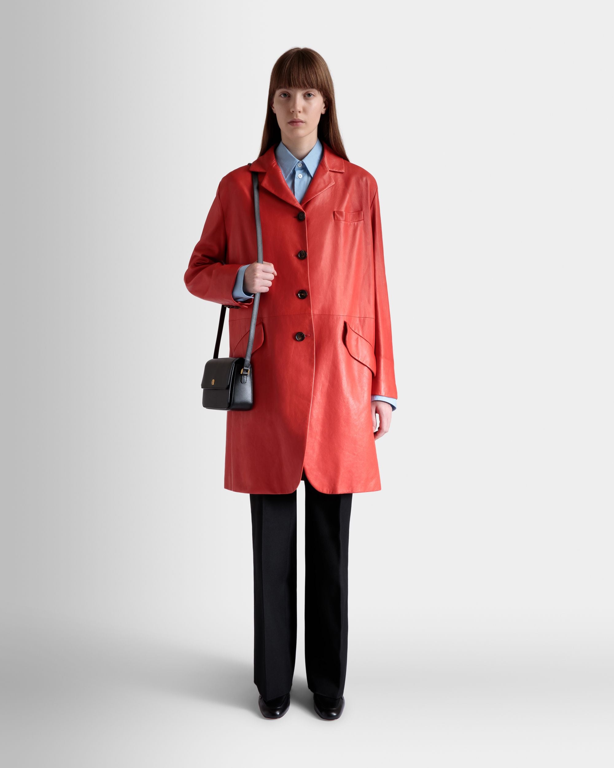 Single-Breasted Midi Coat In Candy Red Leather - Women's - Bally - 02