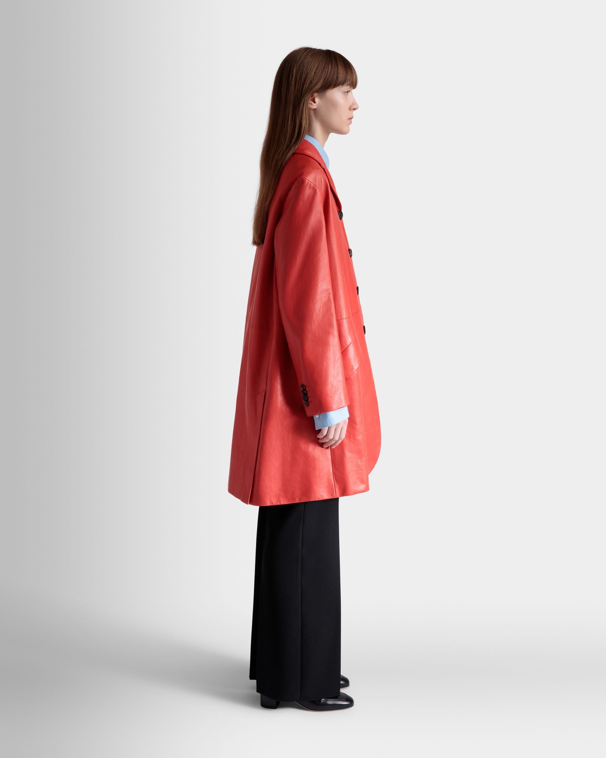 Single-Breasted Midi Coat In Candy Red Leather - Women's - Bally - 05