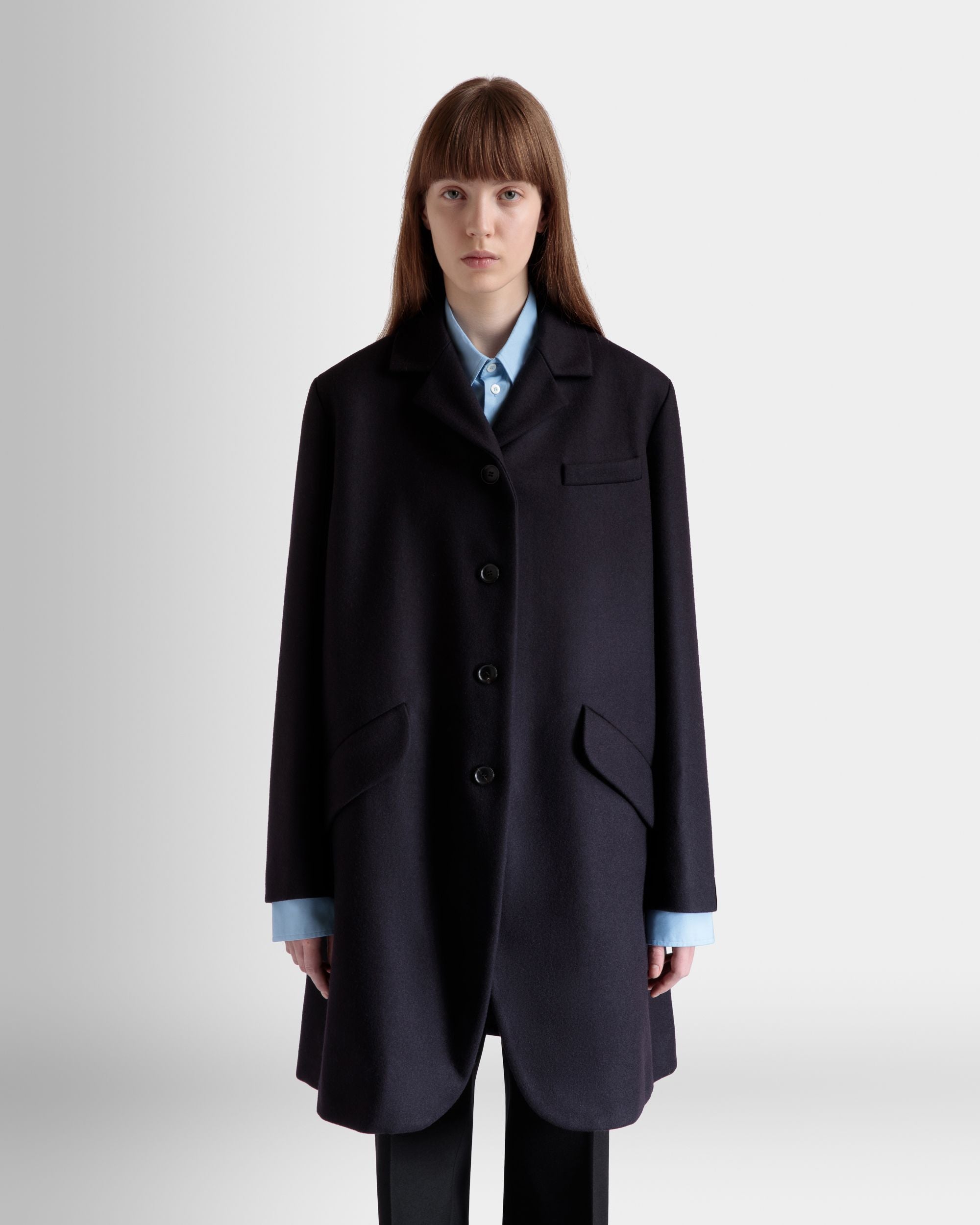 Abrigo Midi De Mezcla De Lana Navy Blue De Botonadura Simple - Mujer - Bally - 03