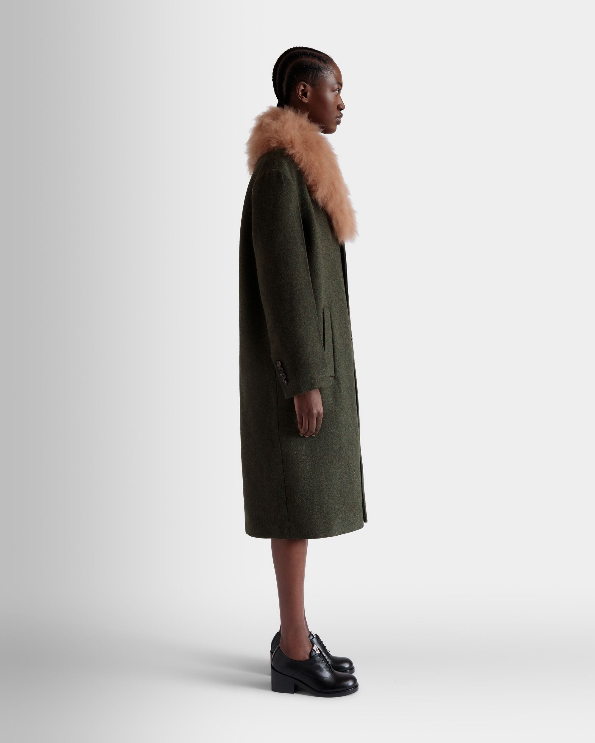 Single-Breasted Coat In Dark Green Wool - Mujer - Bally - 05