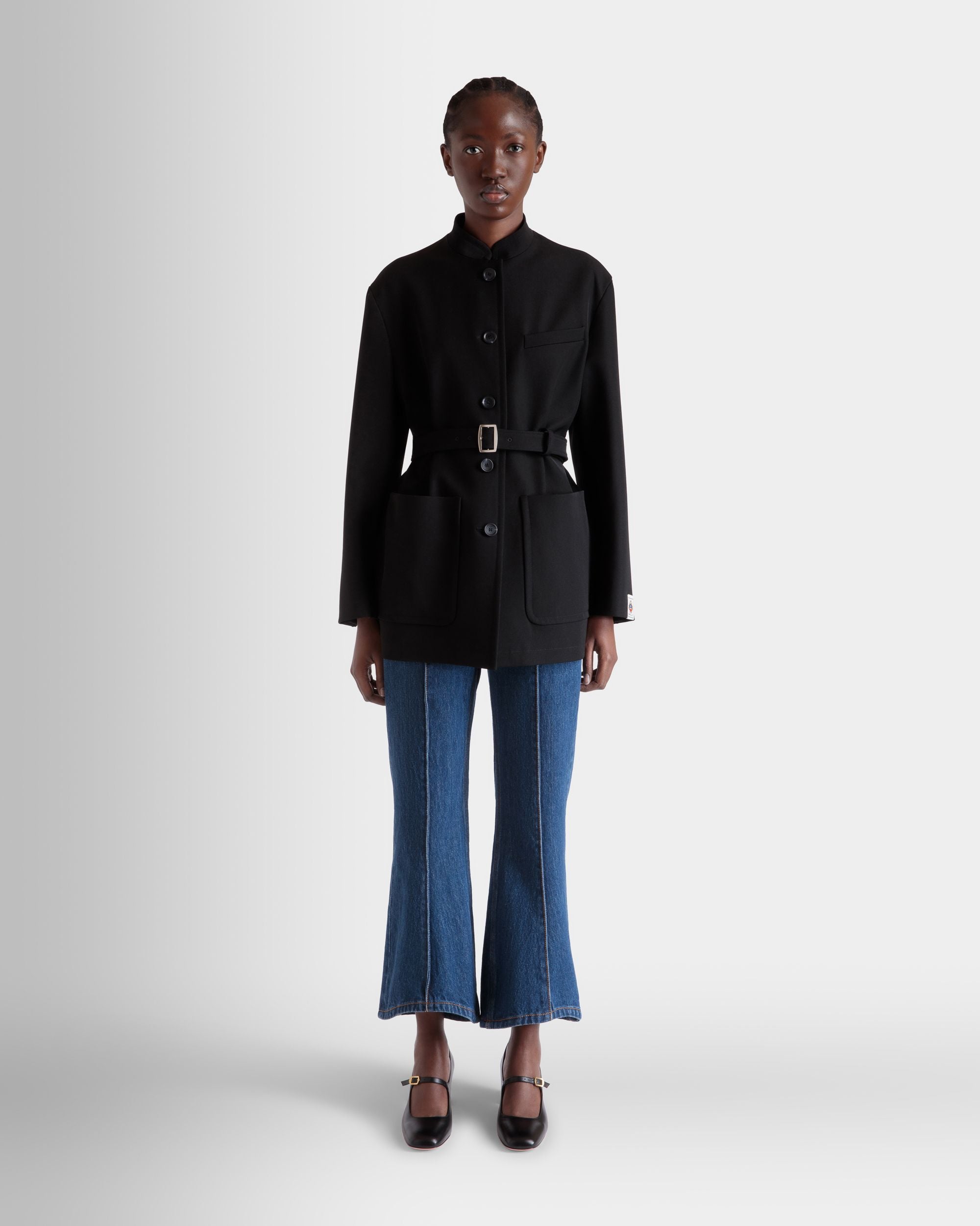 Belted Jacket in Black Nylon Gabardine - Women's - Bally - 02