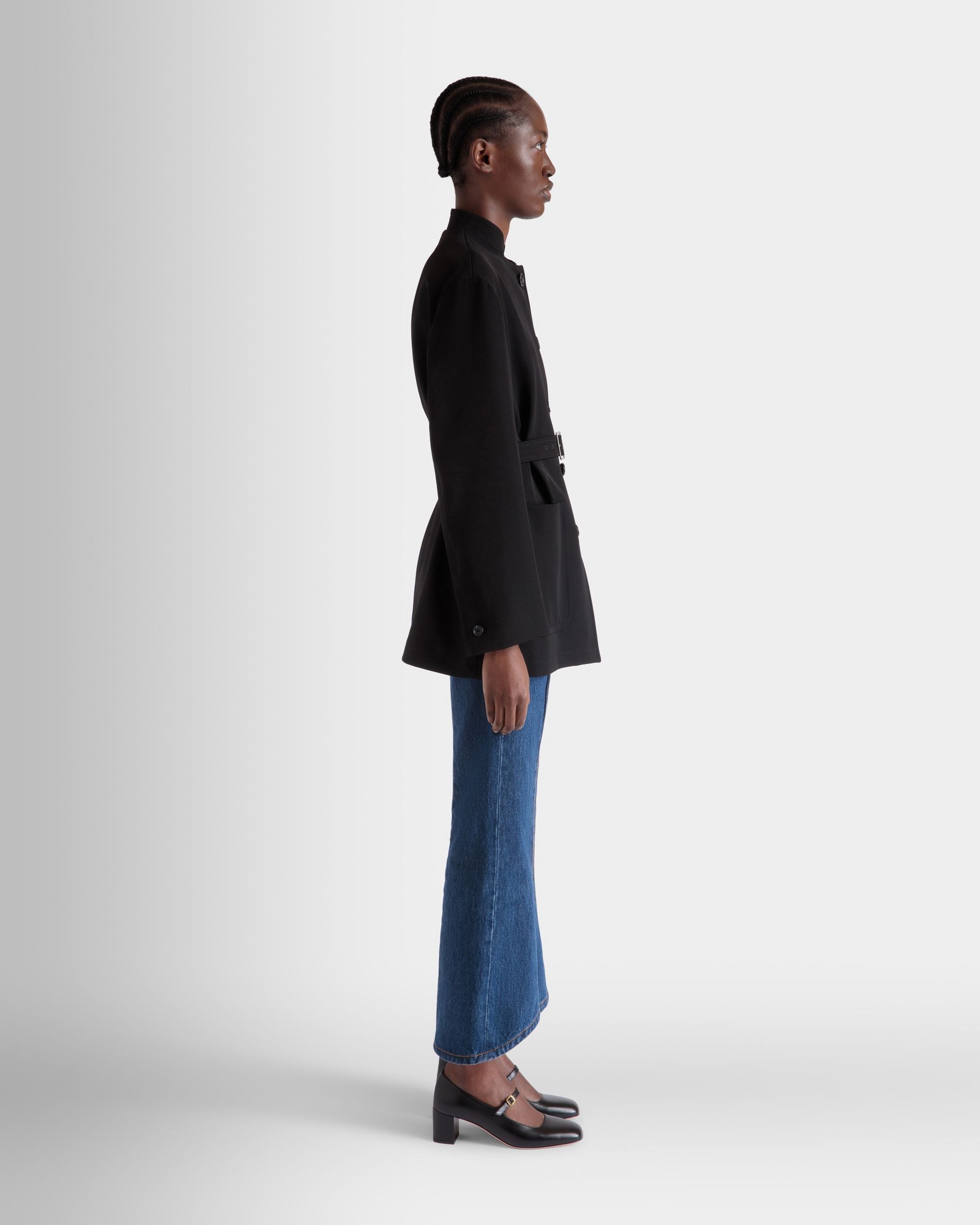Belted Jacket in Black Nylon Gabardine - Women's - Bally - 05