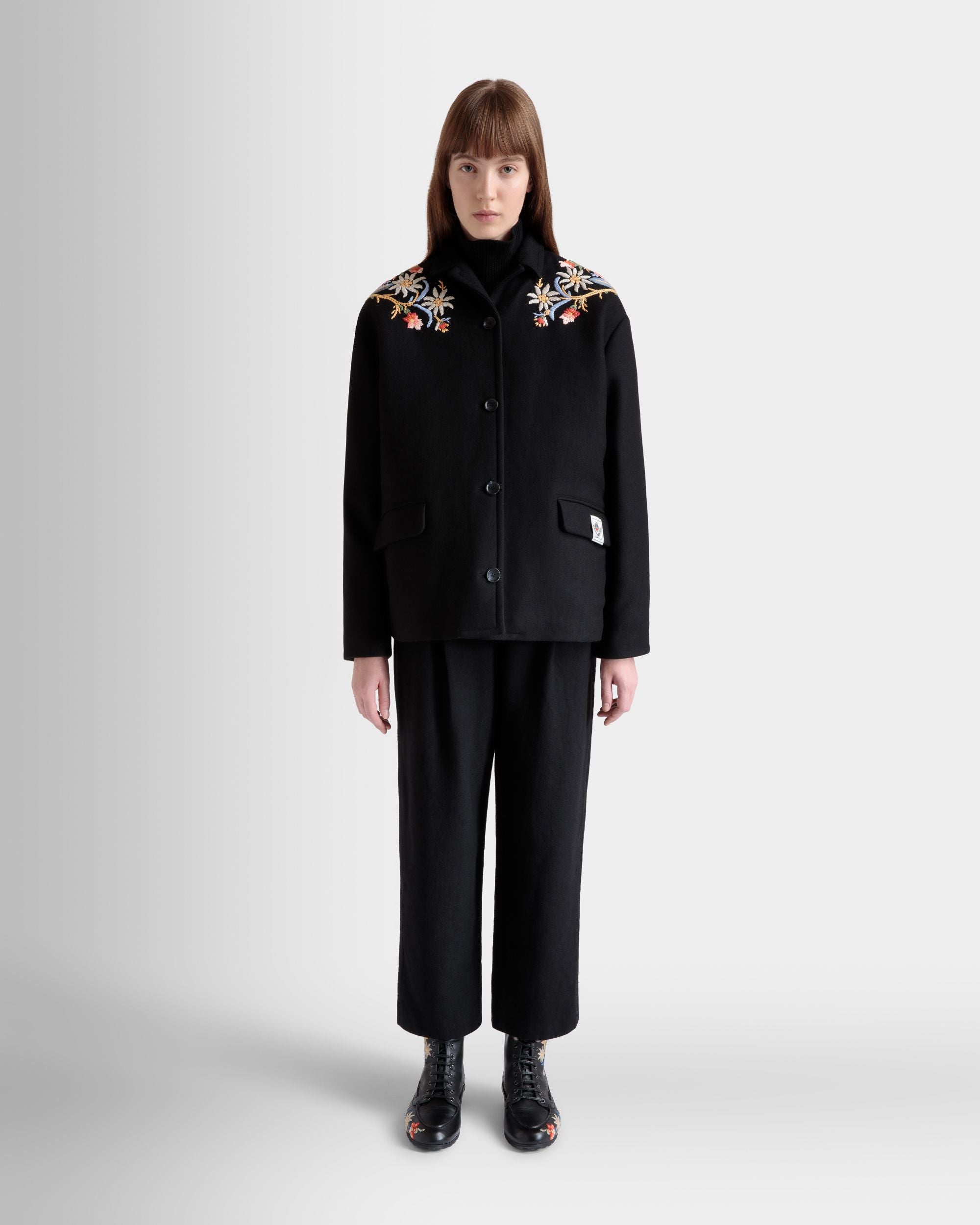 Winter Capsule Jacket With Alpine Flowers in a Black Wool Blend - Women's - Bally - 02