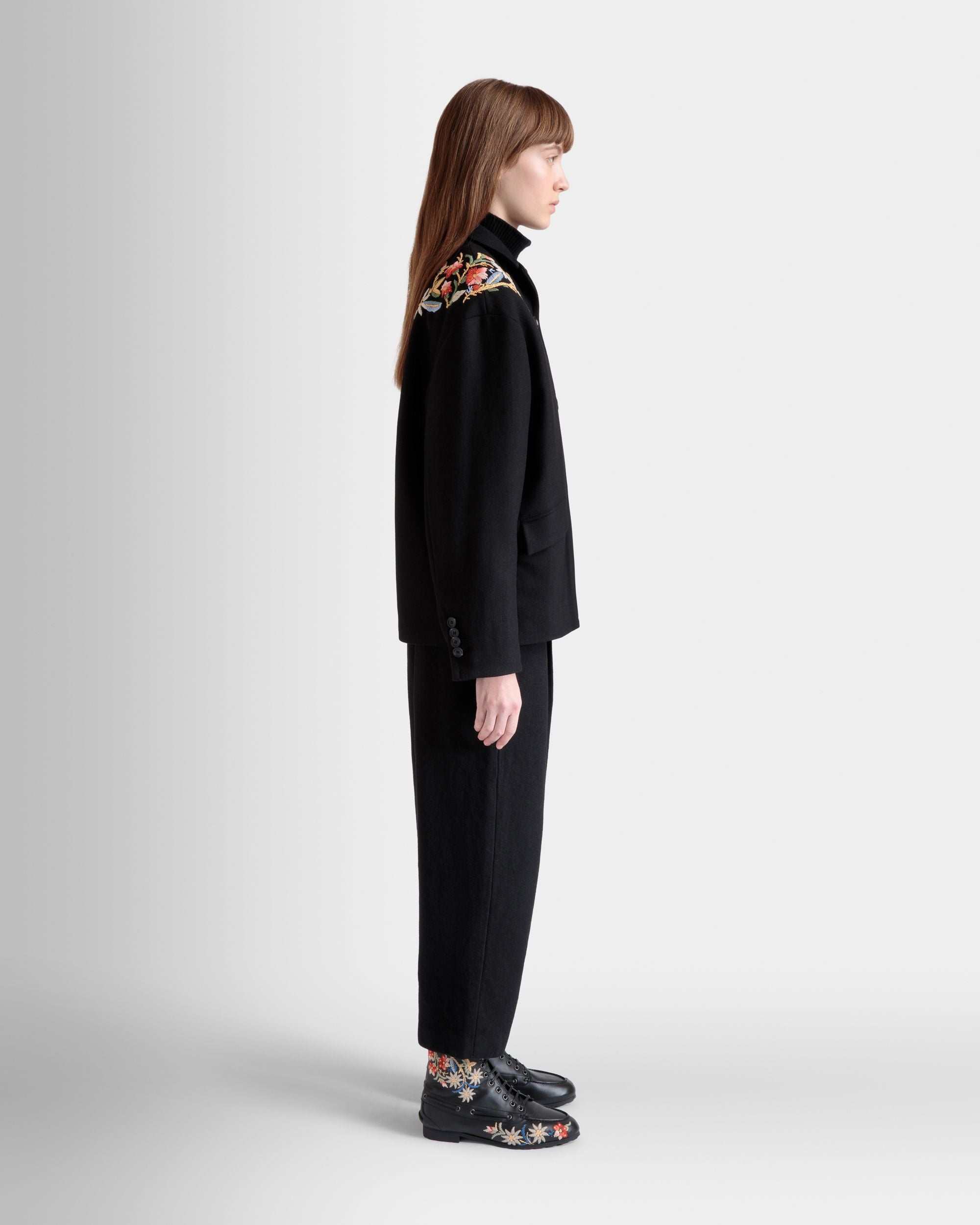 Winter Capsule Jacket With Alpine Flowers in a Black Wool Blend - Women's - Bally - 05