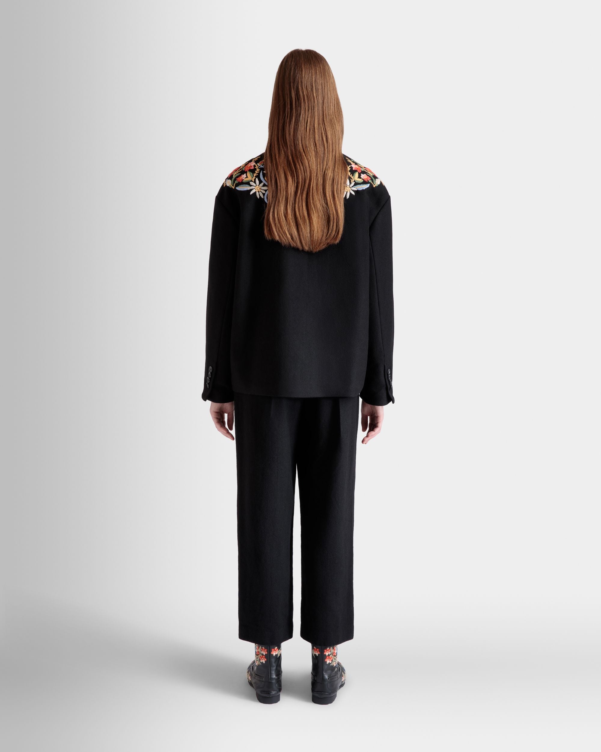 Winter Capsule Jacket With Alpine Flowers in a Black Wool Blend - Women's - Bally - 06