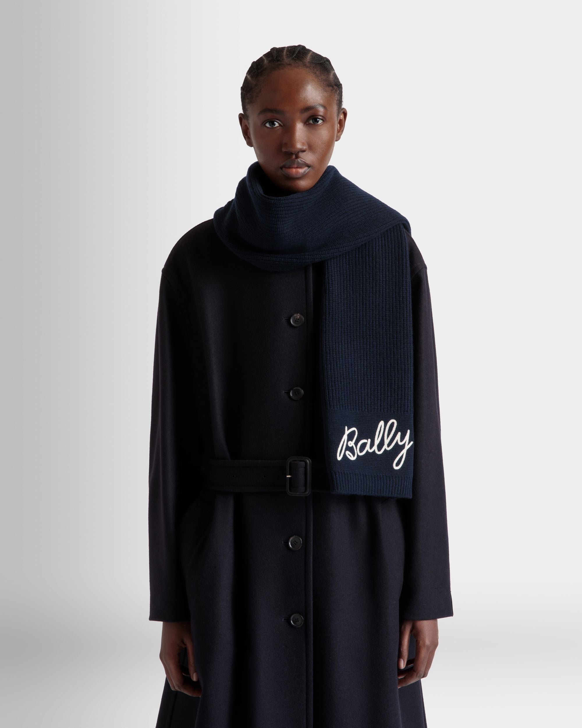 Scarf With Logo In Navy Blue Wool - Women's - Bally - 02