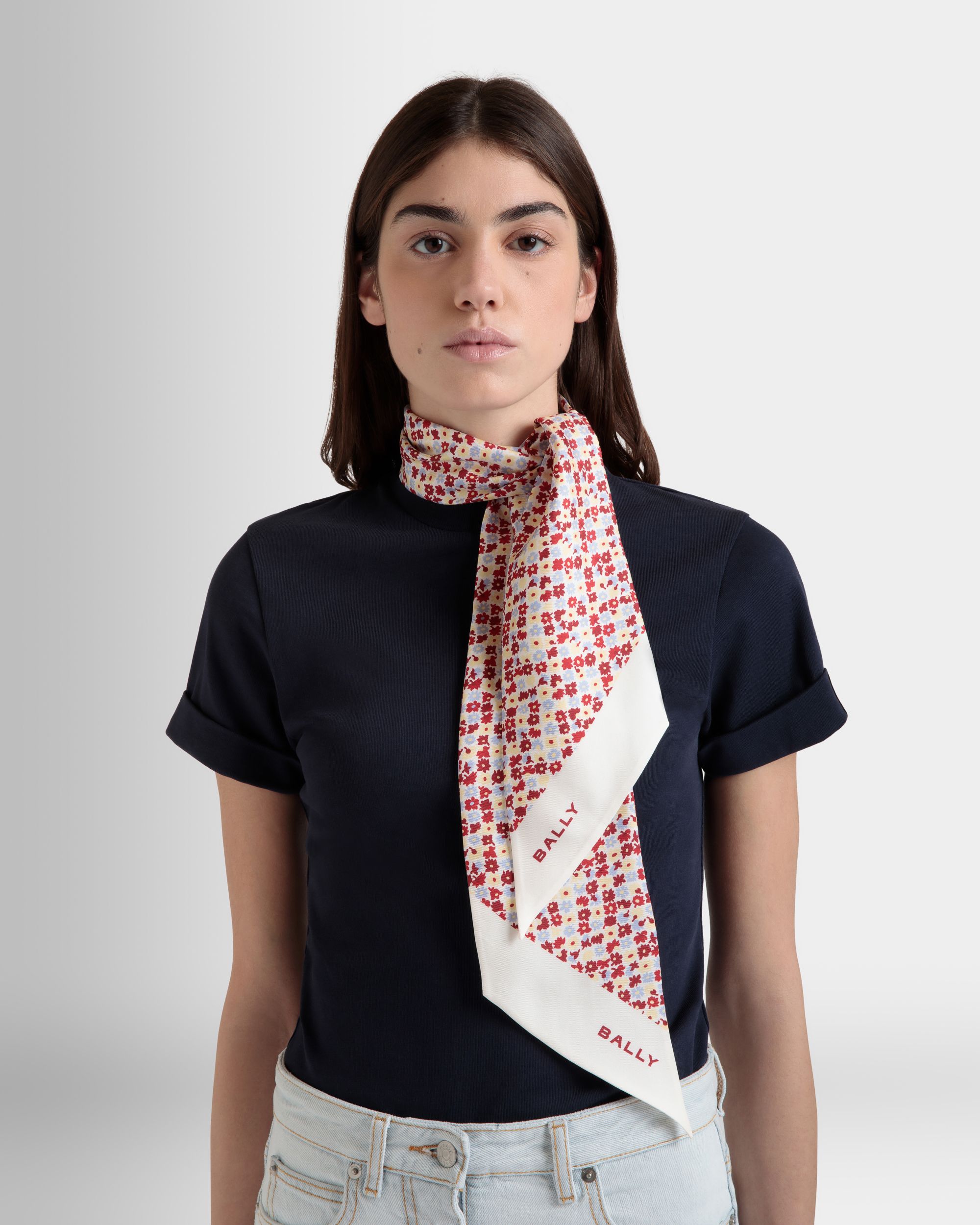 Pañuelo De Seda Marfil Con Estampado Microflower - Mujer - Bally - 04