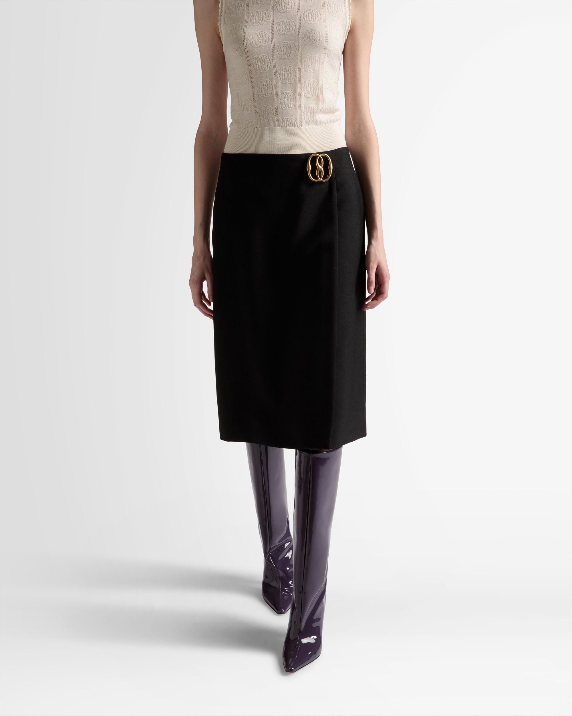 Falda Cruzada Hasta La Rodilla De Mezcla De Mohair Y Lana Negra - Mujer - Bally - 03