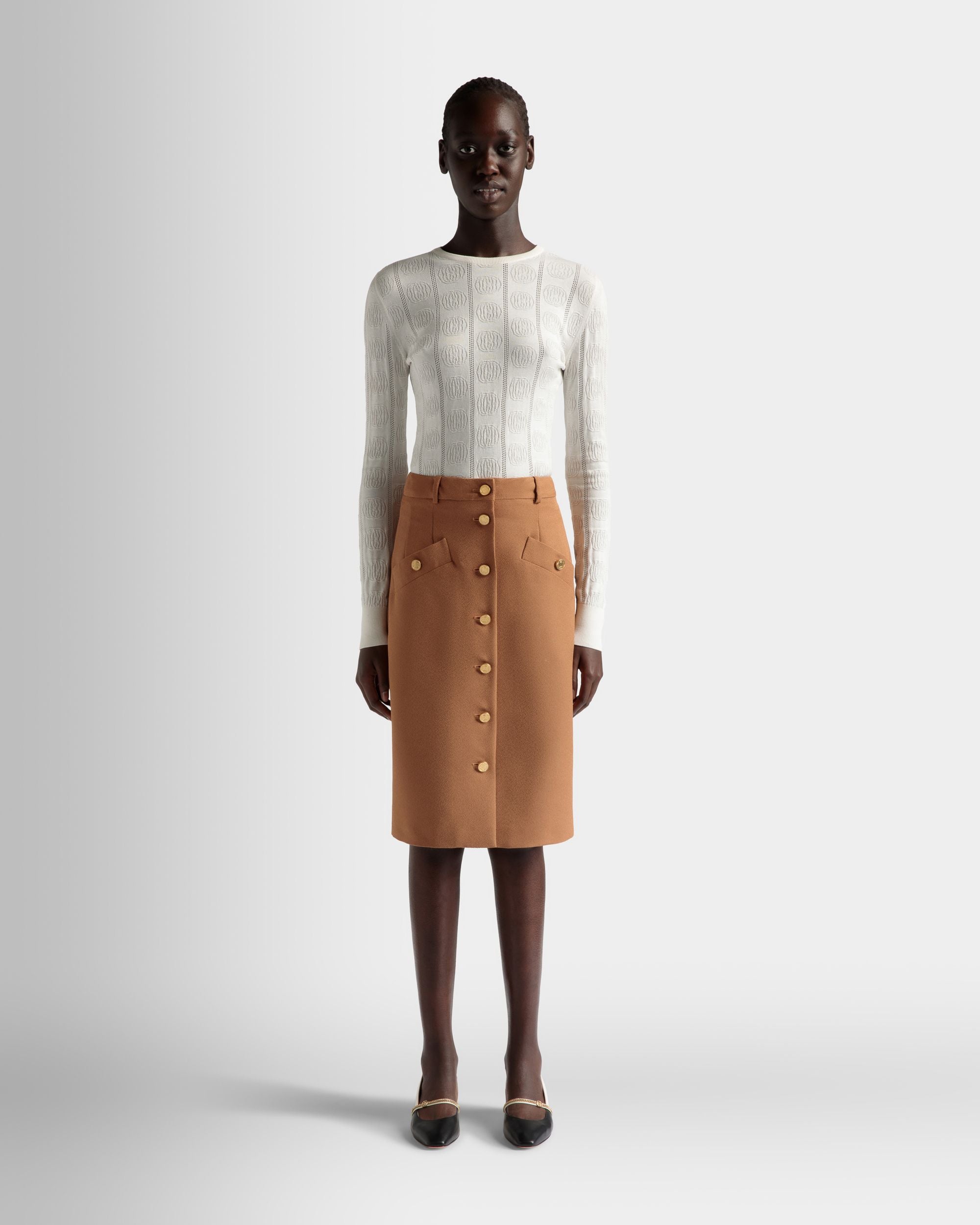 Falda Midi De Mezcla De Lana Color Marrón - Mujer - Bally - 02