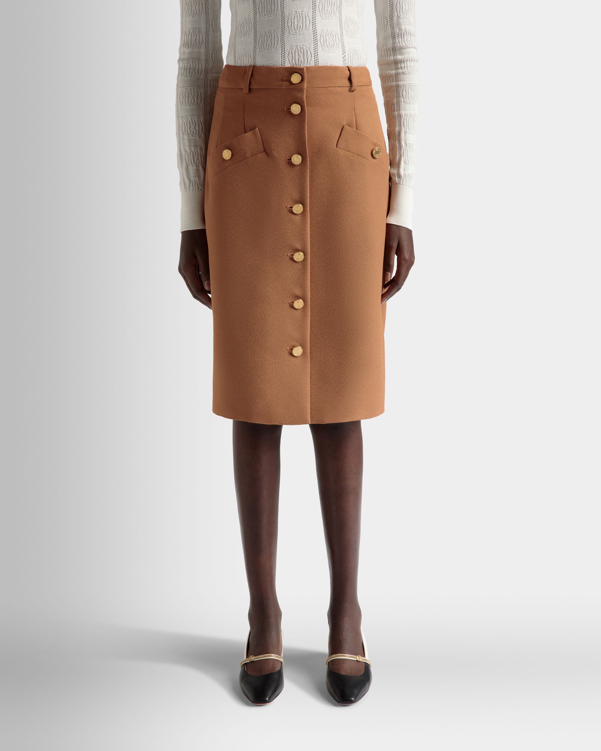 Falda Midi De Mezcla De Lana Color Marrón - Mujer - Bally - 03