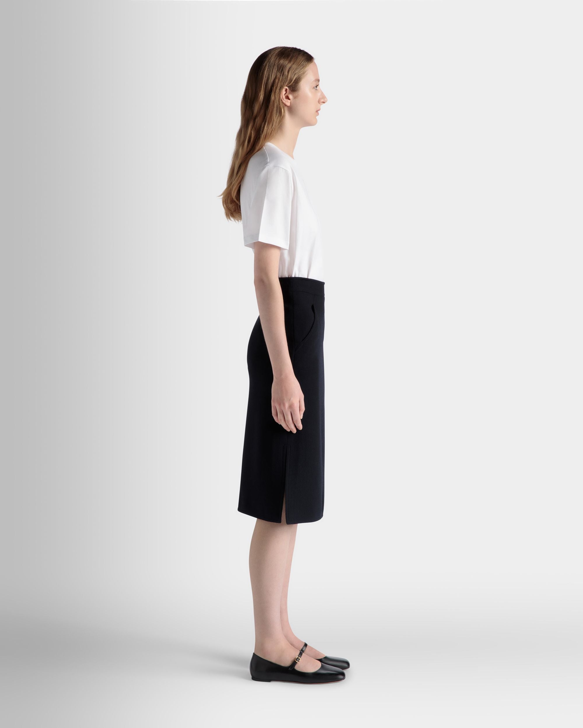 Midi Skirt In Navy Blue Wool - Women's - Bally - 06