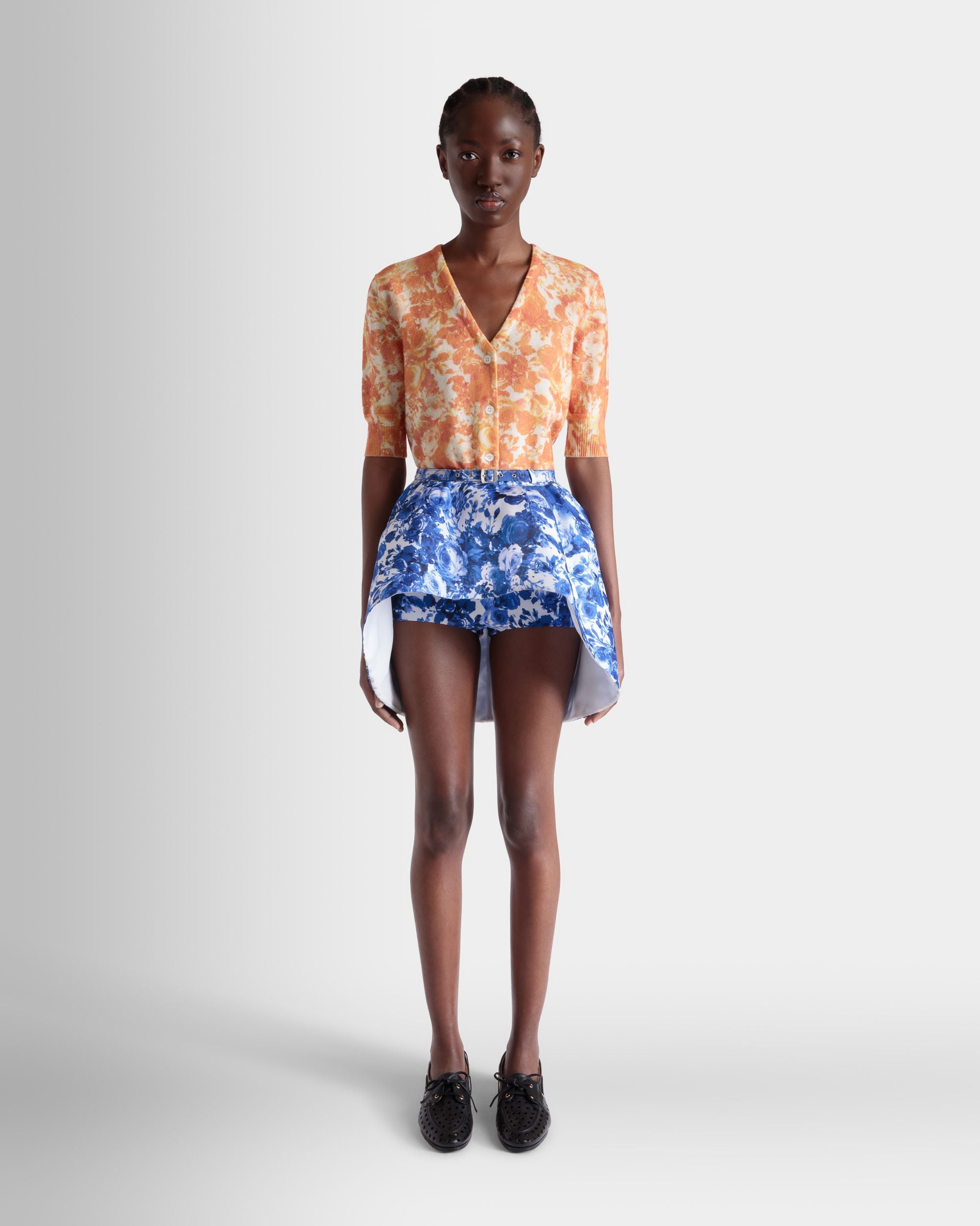 Mini Skirt with a Rosengarten Print in Blue Silk - Women's - Bally - 02