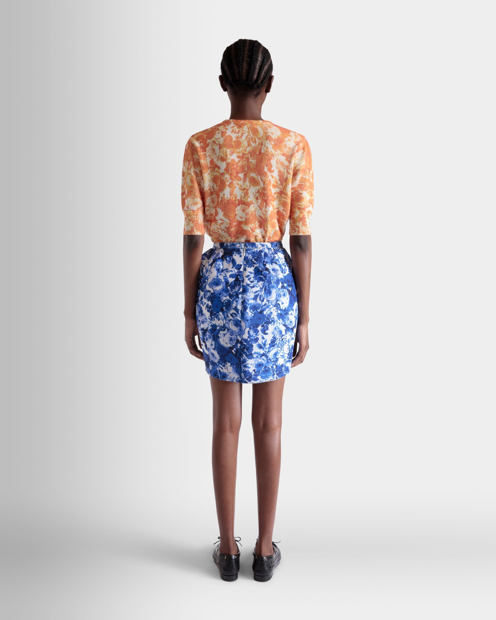 Mini Skirt with a Rosengarten Print in Blue Silk - Women's - Bally - 06